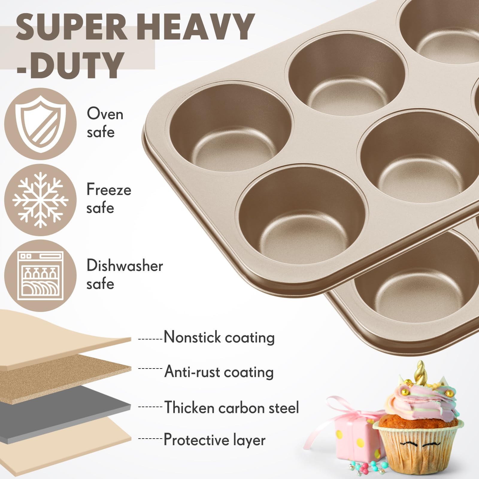 Blushtier 6 moldes antiadherentes para hornear magdalenas doradas, 6 tazas, lata resistente para magdalenas, acero al carbono dorado, bandeja para pasteles para hornear cupcakes, apto para