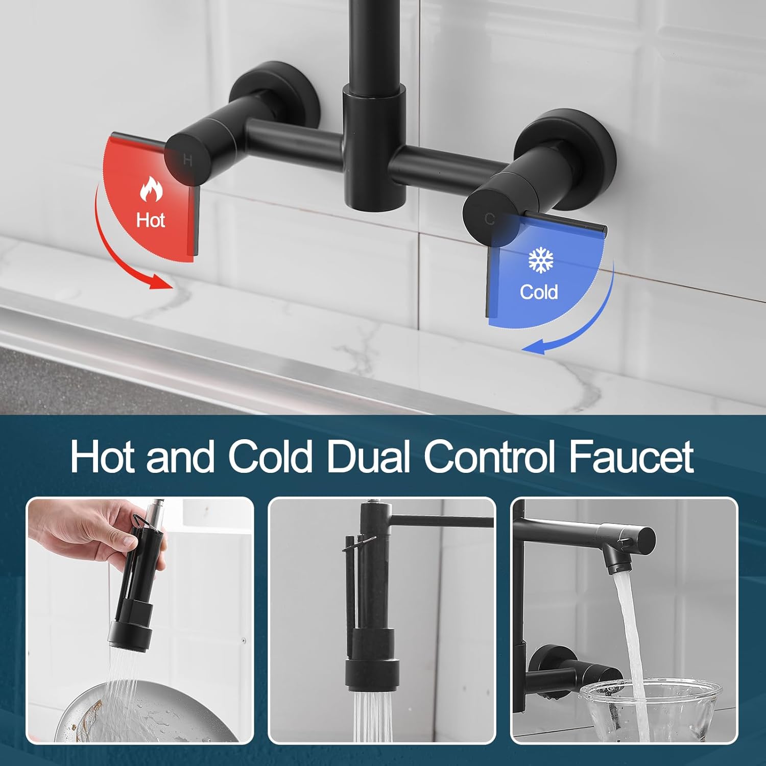 AIMADI Black Wall Mount Kitchen Faucet with Pull Down Sprayer Pot Filler | Matte Black Commercial Style Dual Handle Sink Faucet Spring Design for Kitchen