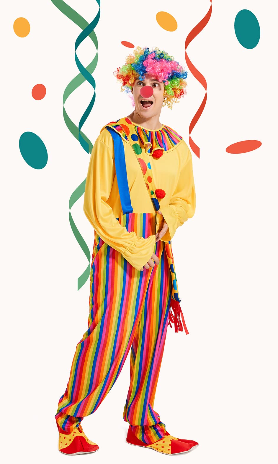 VKI® Ensemble de Costume de Clown Deguisement Adulte, Vêtements de Clown, Perruque, Masque, Nez, Sac, Chaussures de Clown, Accessoires de Costume D'Halloween, Cirque, Cosplay de Carnaval