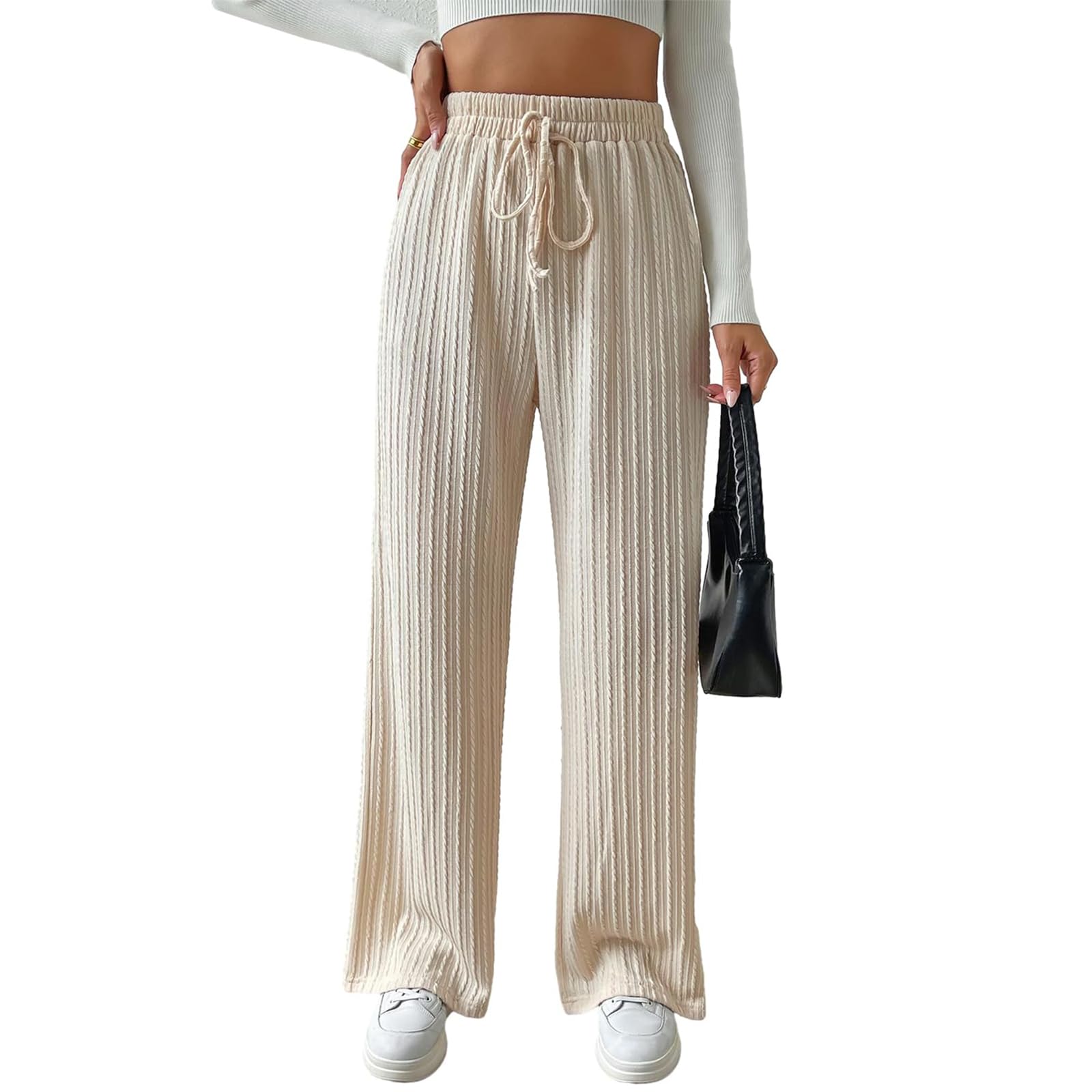 Ribbed Knit Pants for Women High Waisted Wide Leg Trousers with Pockets Casual Straight Drawstring Pants Soft Knit