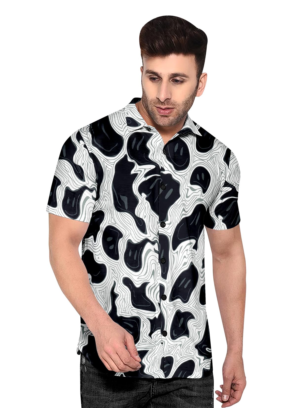 Men's Stylish Look Abstract Ghost Pattern Digital Printed Stretchable Fabric Half Sleeve Slim Fit Cut Away Collar Casual Shirt