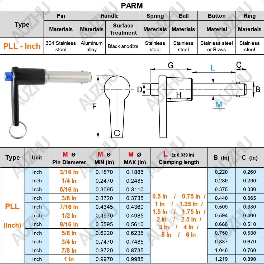 PLL - Pollice - Perni di bloccaggio acciaio INOX Perni autobloccanti a sfere Perni a sgancio rapido Perni a molla, Perni di posizionamento Spillette Dimensione: M 3/4 pollici - L 6 pollici