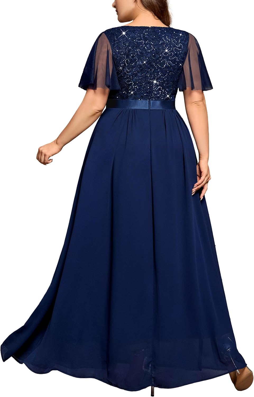 MISSMAY Women's Plus Size Sequin Lace V Neck Formal Wedding Guest Chiffon Maxi Dress - Image 2