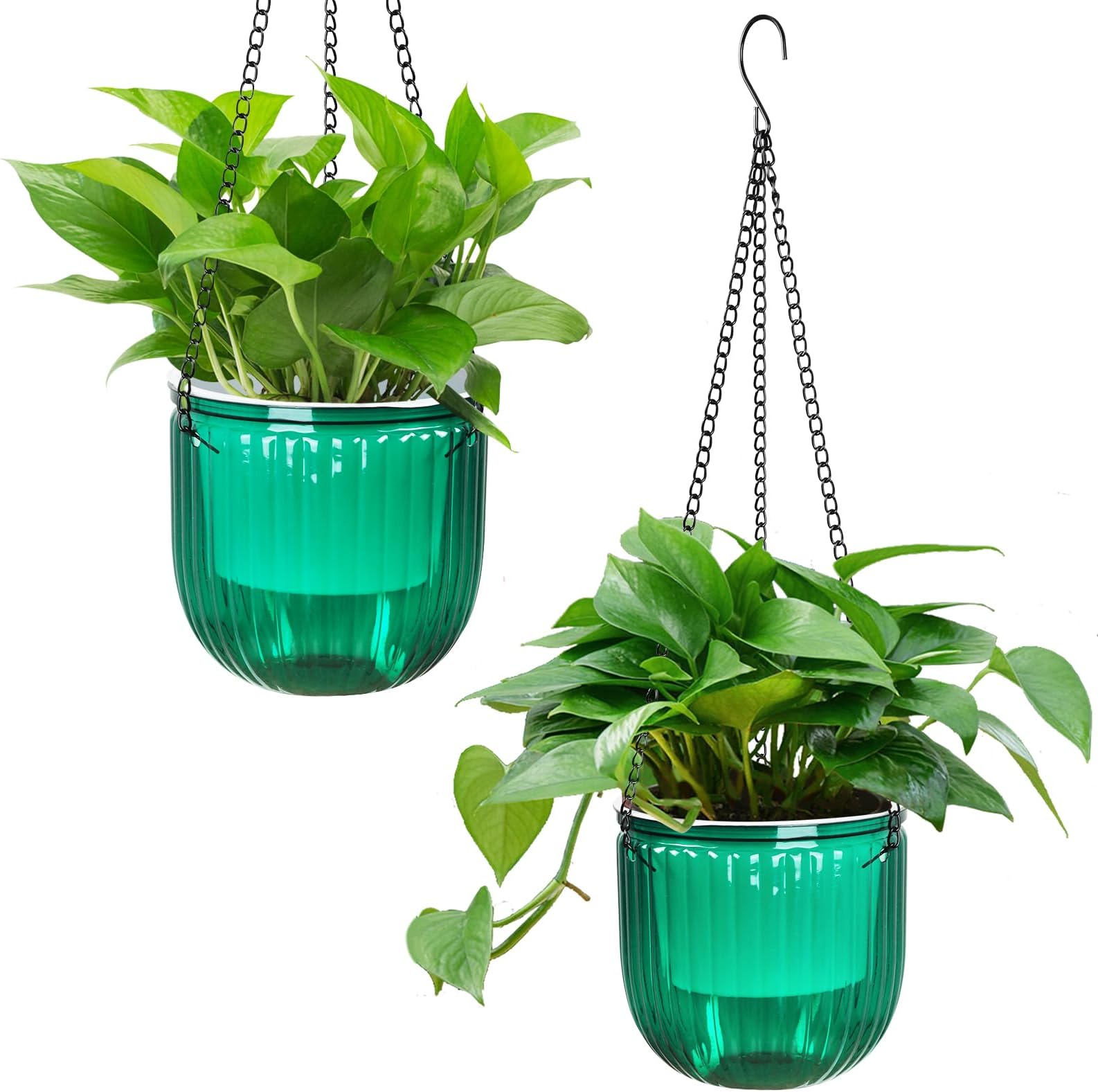 Sinolodo Boho Self Watering Haning Planters Pack of 2 Flower Pots, Plastic 6.5 inch Plant Holder, Indoor Outdoor Hanging Baskets with 3 Metal Hangers and Drainage Holes(Emerald)