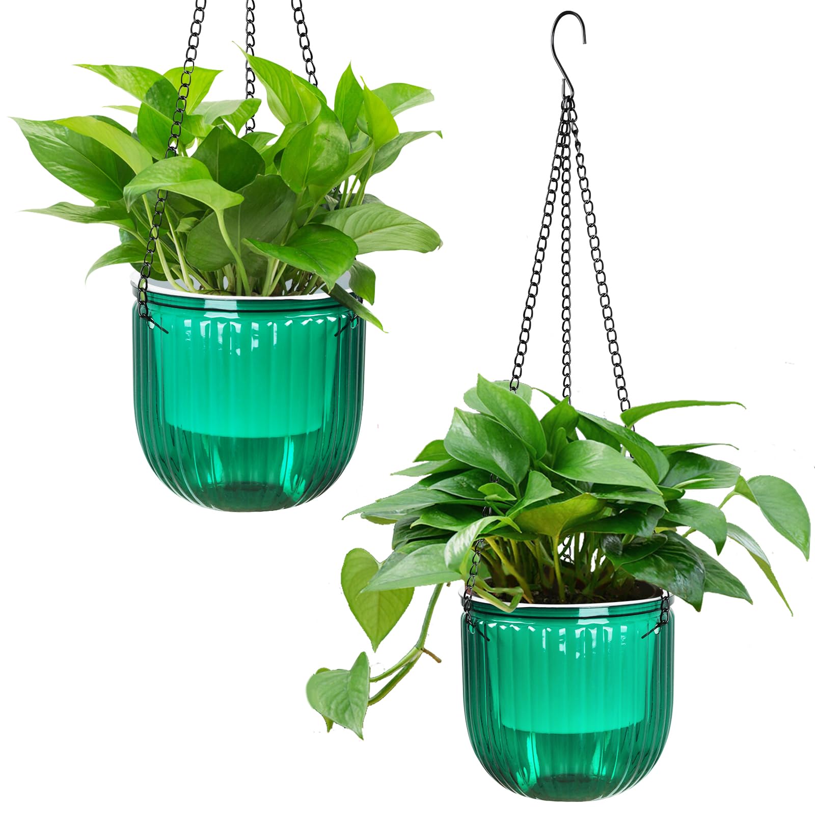 Sinolodo Boho Self Watering Haning Planters Pack of 2 Flower Pots, Plastic 6.5 inch Plant Holder, Indoor Outdoor Hanging Baskets with 3 Metal Hangers and Drainage Holes(Emerald)