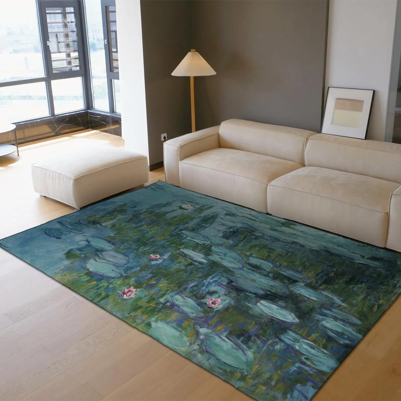 Tapis 120x150cm bleu sarcelle vert nymphéas pour chambre et salon design