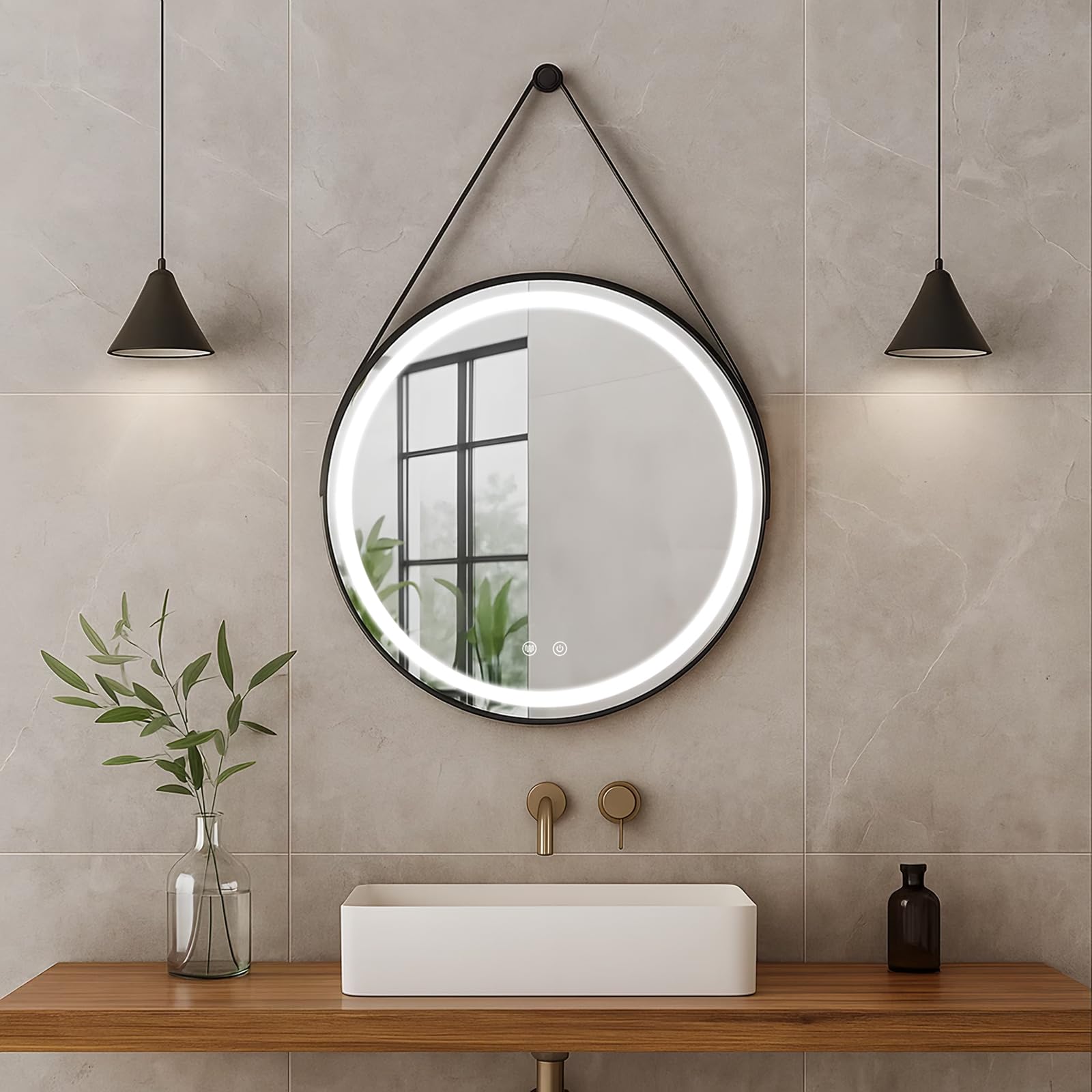 Trintion LED Spiegel Bad mit Beleuchtung 50cm Rund – Touch-Schalter, Beschlagfrei, Dimmbar – Badezimmerspiegel mit Licht für Make-up & Rasu Abnehmbarem Lederband