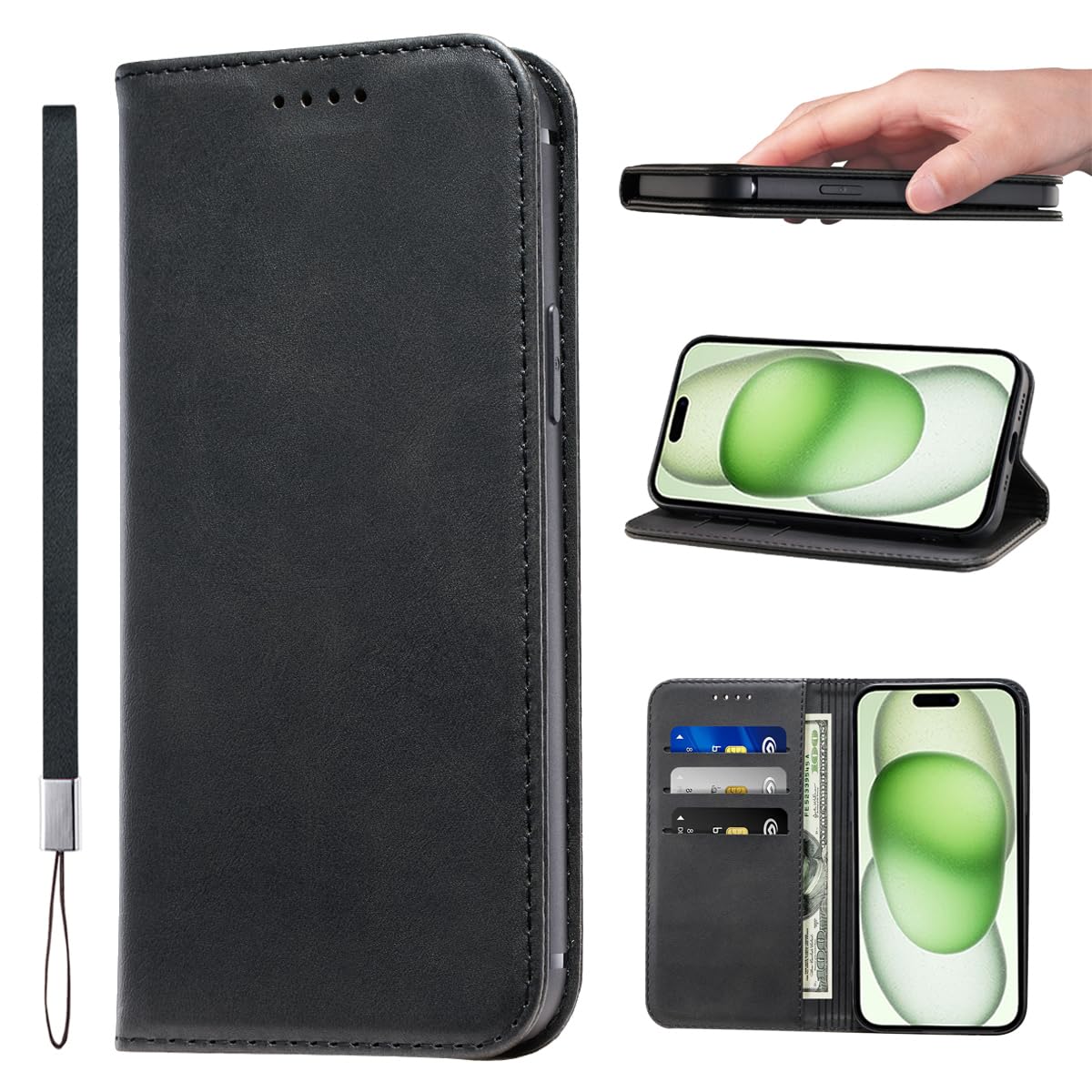 iPhone 15 Plus Case PU Leather Wrist Strap Wallet Case Card Holder Shockproof Flip Cover - Black