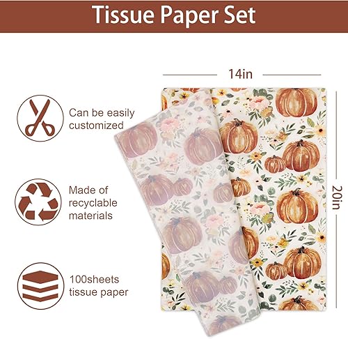 Miniatura 2 de Whaline 100 piezas de papel de seda de calabaza de otoño, hojas de papel de regalo rosa rubor con estampado floral, papel de embalaje vintage para