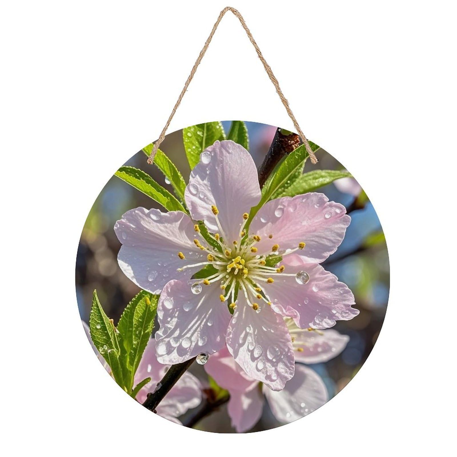 FekiLoot Round Peach Cherry Blossom Wall Art Decor Painting Wooden Hanging Sign with Ropes Bohemian Wall Hanging Retro Mid Century Modern Wall Art for Home Bedroom Living Room 7.9x7.9 in