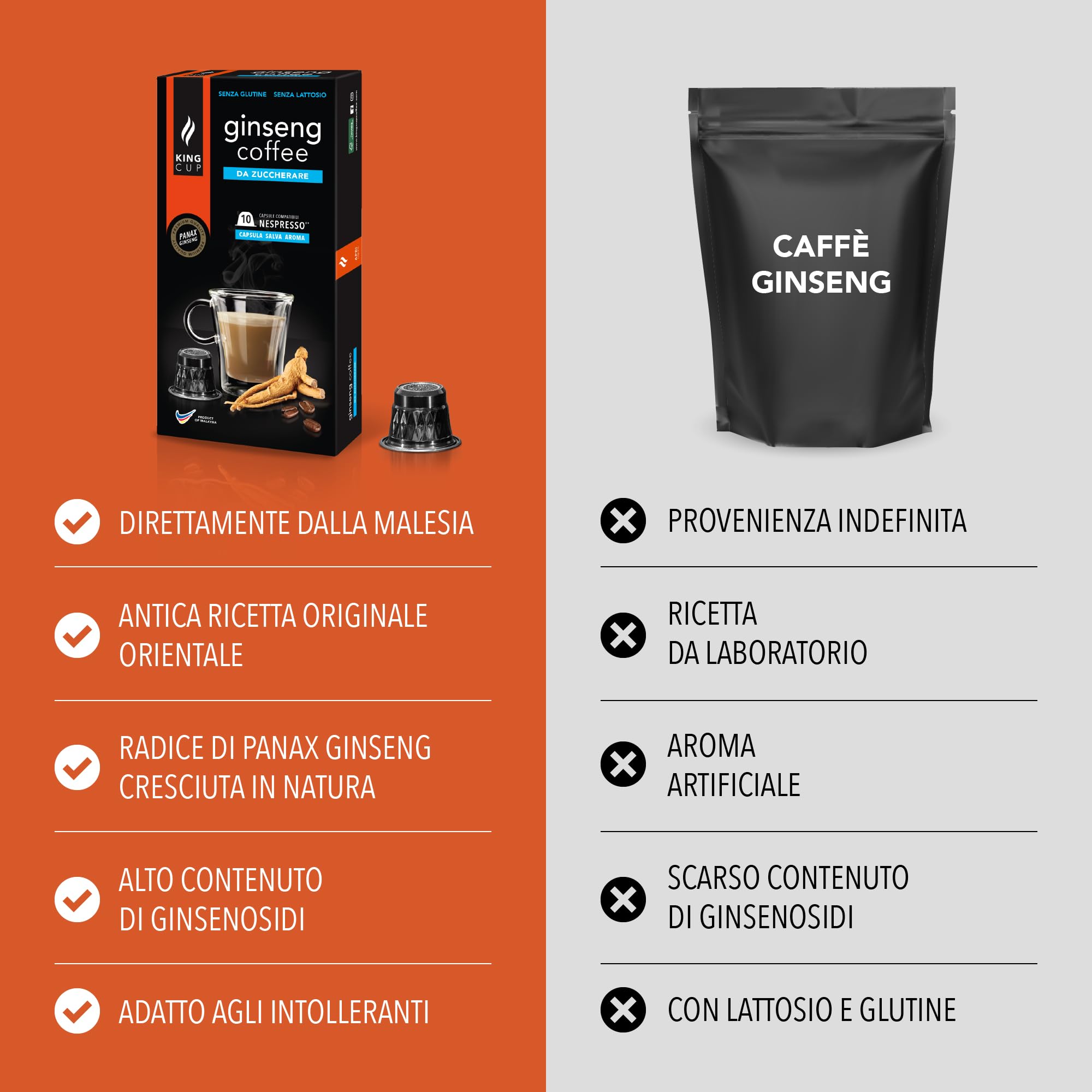 King Cup - 10 Confezioni da 10 Capsule di Ginseng da Zuccherare, 100 Capsule 100% Compatibili con Sistema Nespresso di Bevanda al Gusto di Ginseng, Senza Glutine e Senza Lattosio