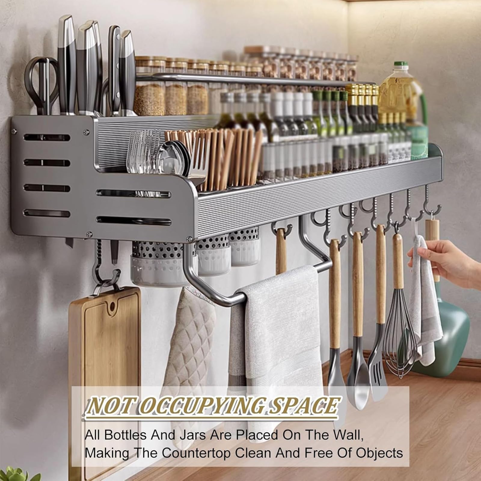 Organizador de Especias de Metal con Soporte para Utensilios y Ganchos para Toallas de Papel, Estante de Especias montado en la Pared, para Especias y Botellas de condimentos,A,L40cm