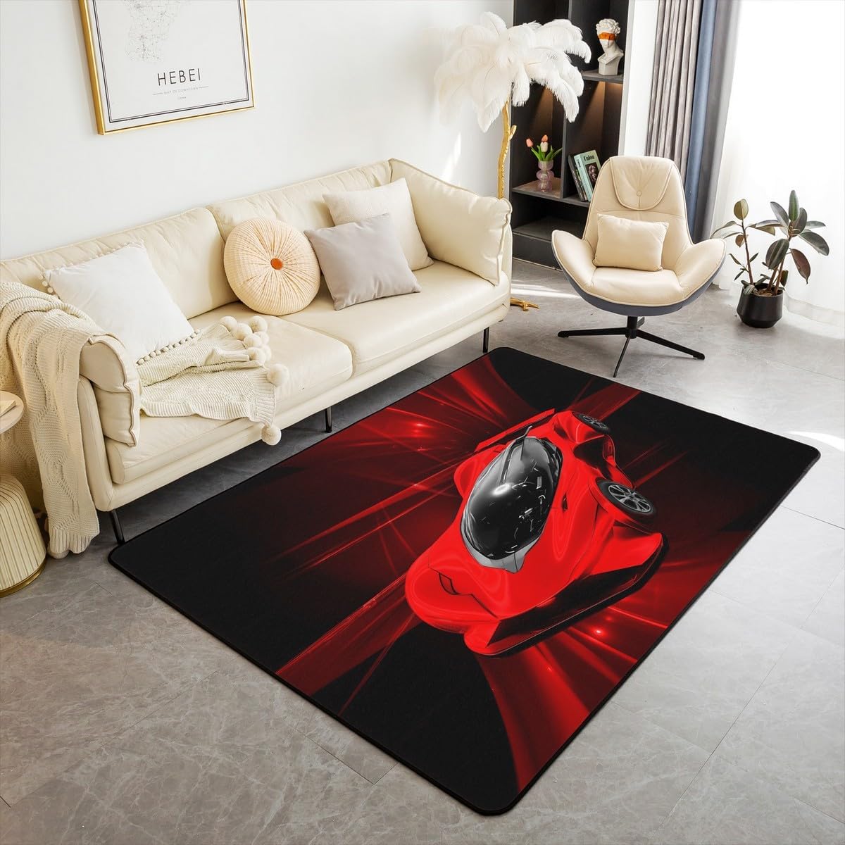 Feelyou Racing Car Living Room Rugs for Bedroom Blue Racing Car Area Rug 3x5 for Kids Boys Teens Automobile Decorative Carpet Rug Blue Light Indoor Floor Mat