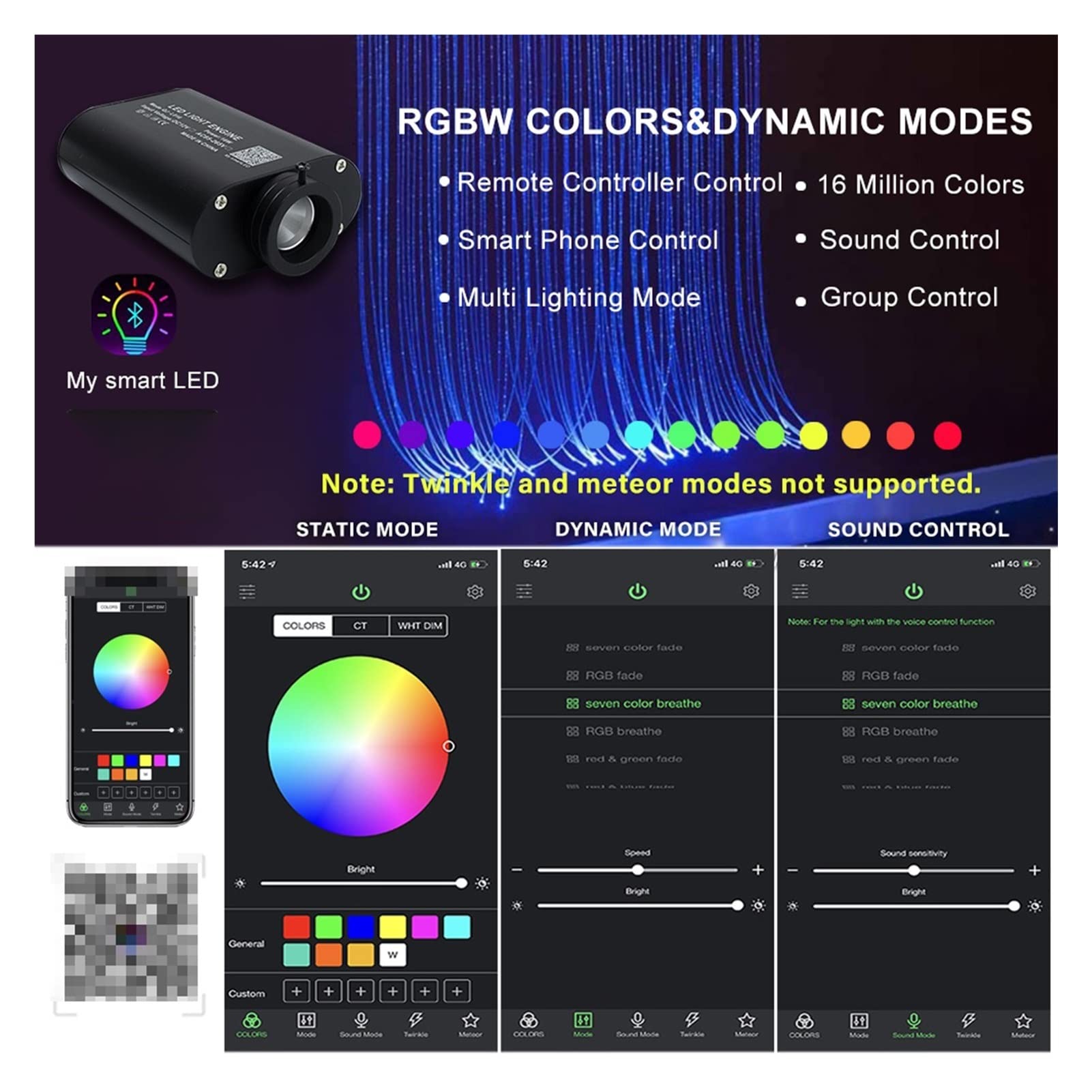 Luces Interior Coche, 1 6w rgbw Luz de fibra óptica Control Bluetooth Sparkle Flash Point Fibras 300PCS 3M Sensor Sparkle Iluminación for Bar Home Kid Regalo ,Para coche, techo, dormitorio(300pcs 1.0m