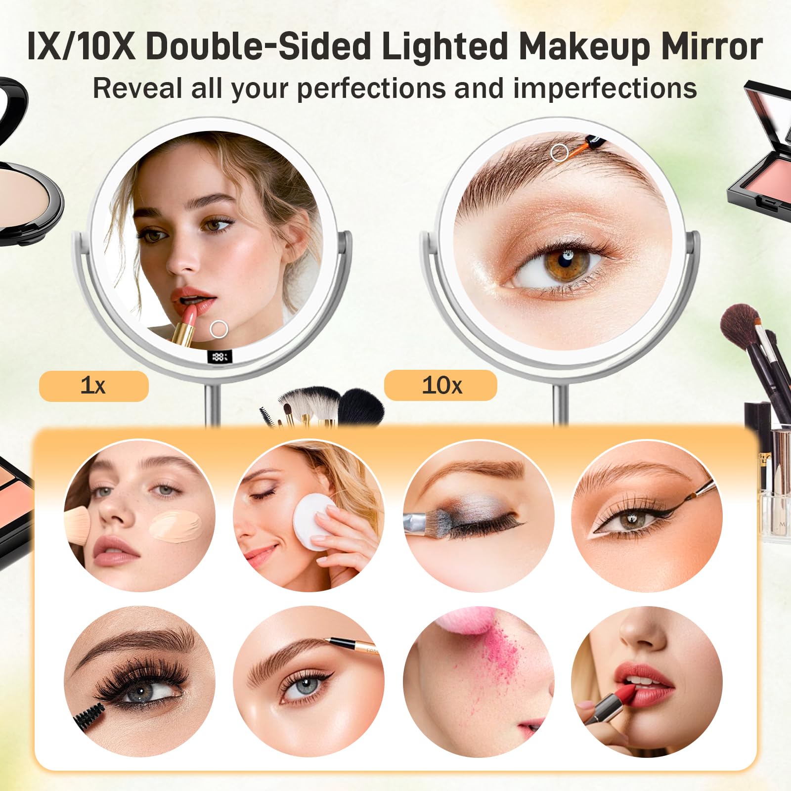 Miroir Grossissant Lumineux 10X/1X,Mirroir Maquilleur Lumineux,Miroir Maquillage LED Rechargeable avec 3 Couleurs éclairage,Rotation 360° pour Maquillage,Soin du Visag