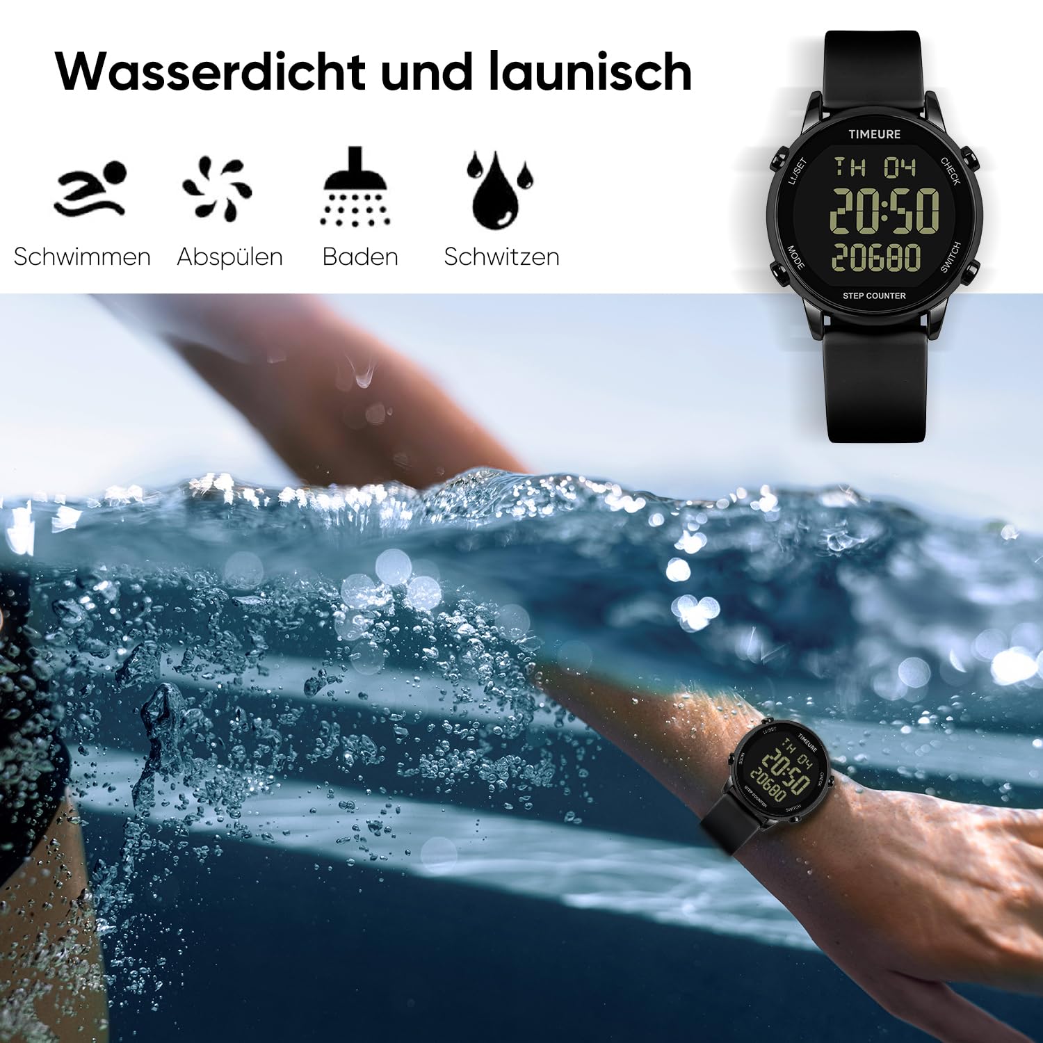 Schrittzähler Uhr für Damen, Schrittzähler zum Gehen, Keine App/Telefon erforderlich, wasserdichter Fitness-Kalorientracker, Distanzverfolgung, Alarm, große Digitalanzeige, Uhr, TU-2509