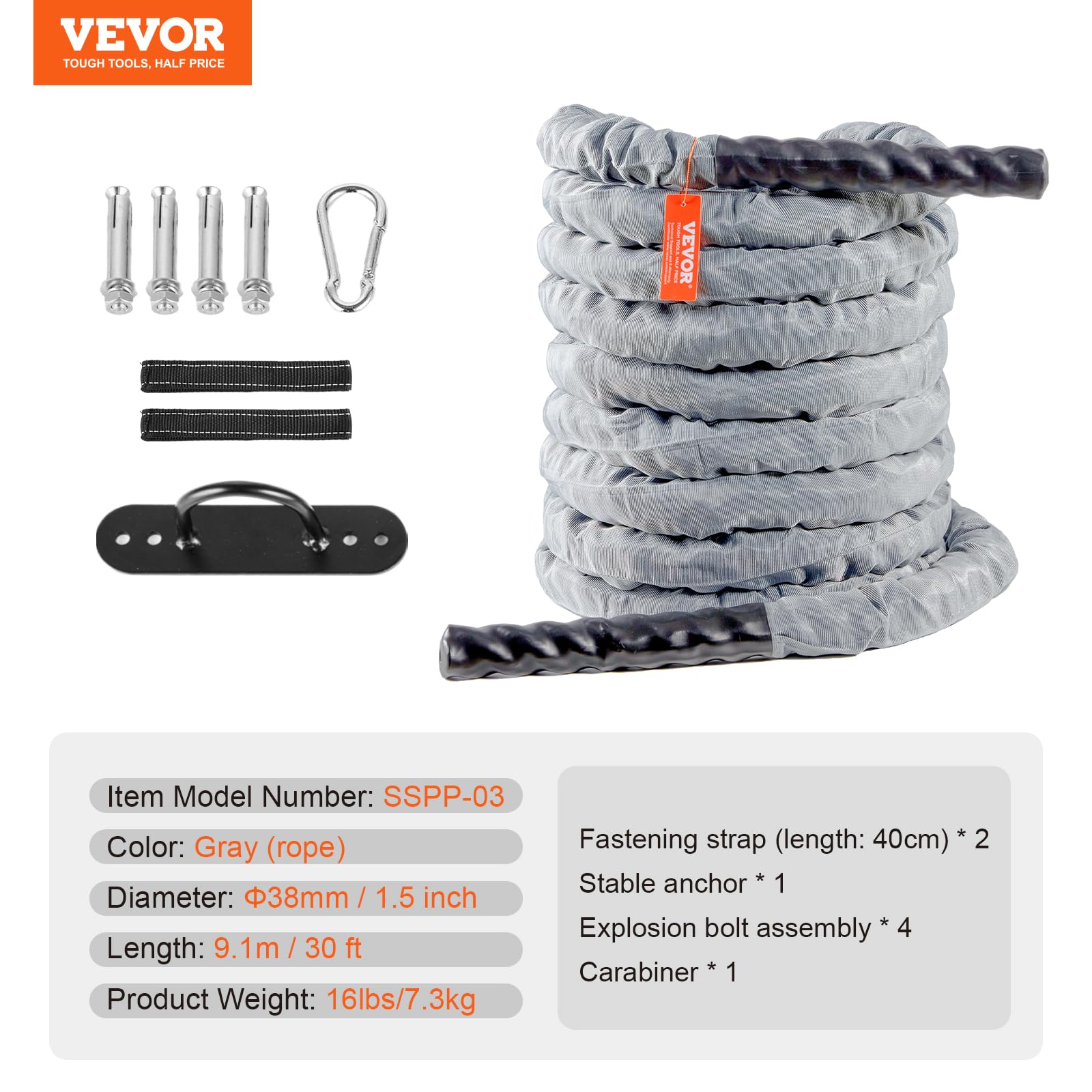 VEVOR Corde de combat, 38 mm, corde d'entraînement en polyester, 9,1 m, équipement d'exercice lourd avec manchon de protection et ancre, pour la salle de gym à domicile, renforcement musculaire, gris