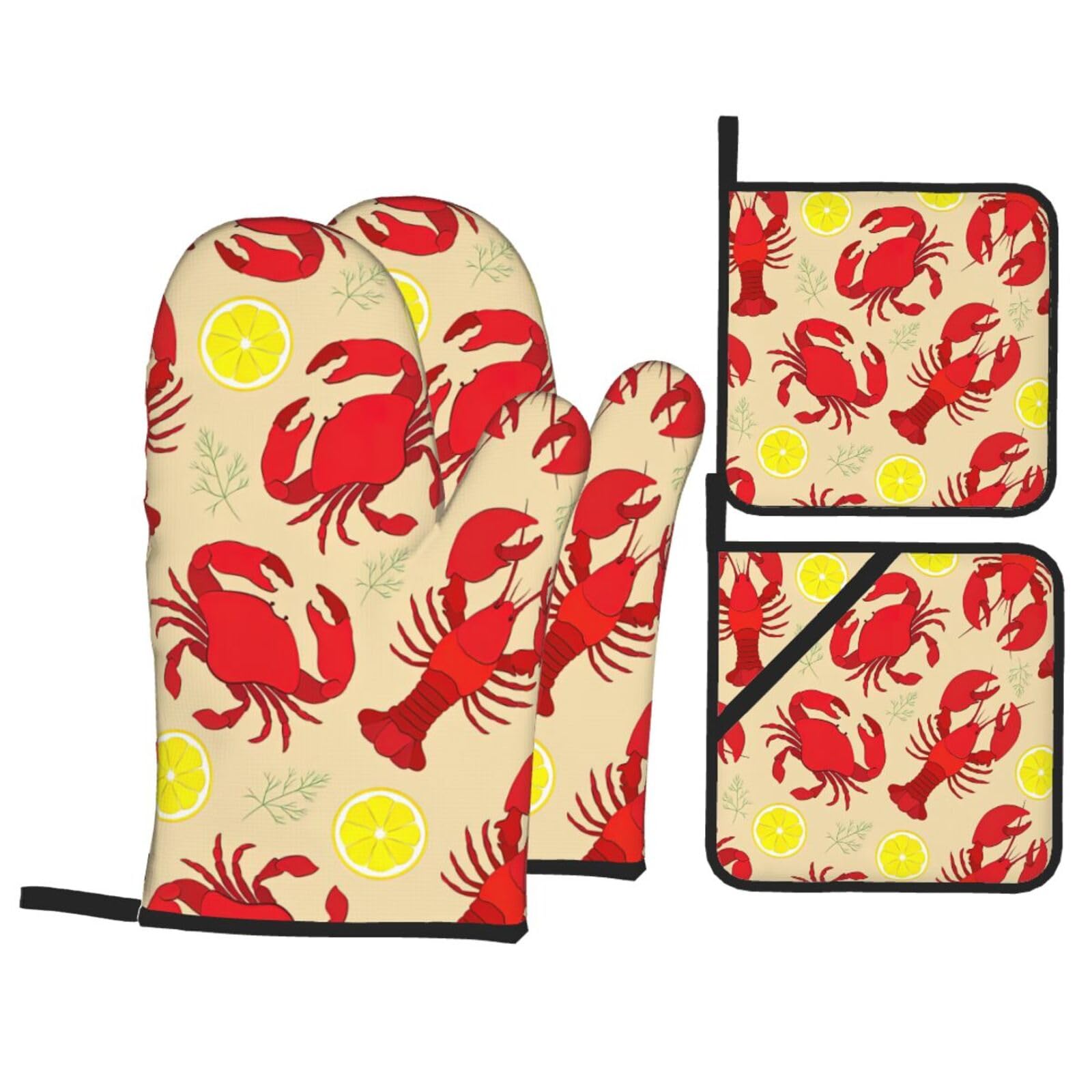Lobster and Crab Print 4-Piece Oven Microwaving Set Waterproof Kitchen Gloves for Baking Grilling Cooking