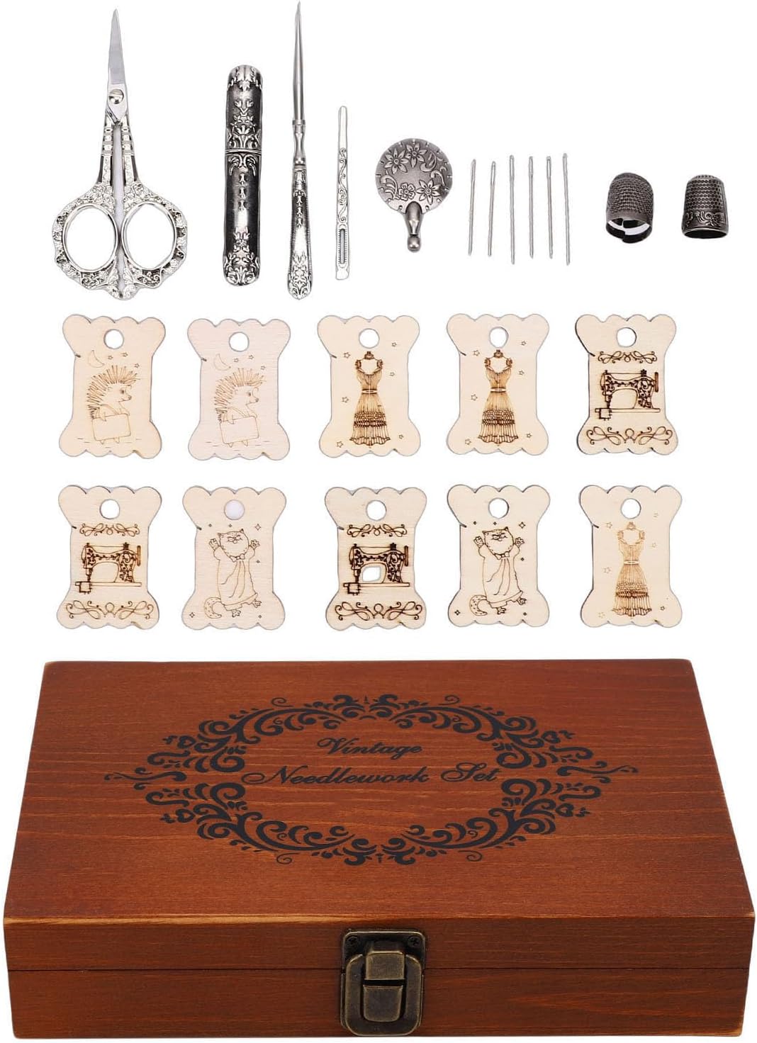 Zerodis Handicrafts Stainless Steel Cross Stitch Supplies Vintage Wooden Storage Box for Crafting and Embroidery Lovers Sewing Kit Portable