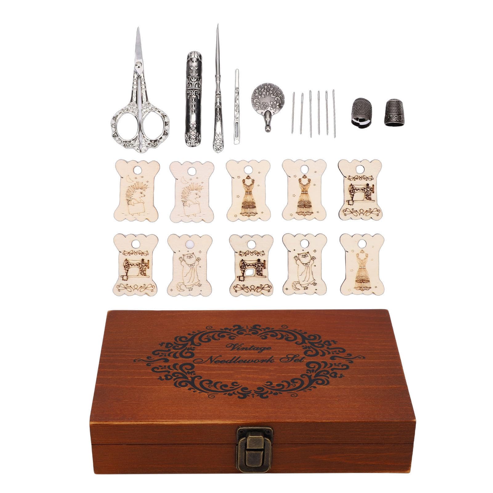 Juego de herramientas de costura vintage Kit de herramientas de costura vintage europeo Tijeras de bordar Placas para enrollar hilos Dedales y agujas de metal para bordar