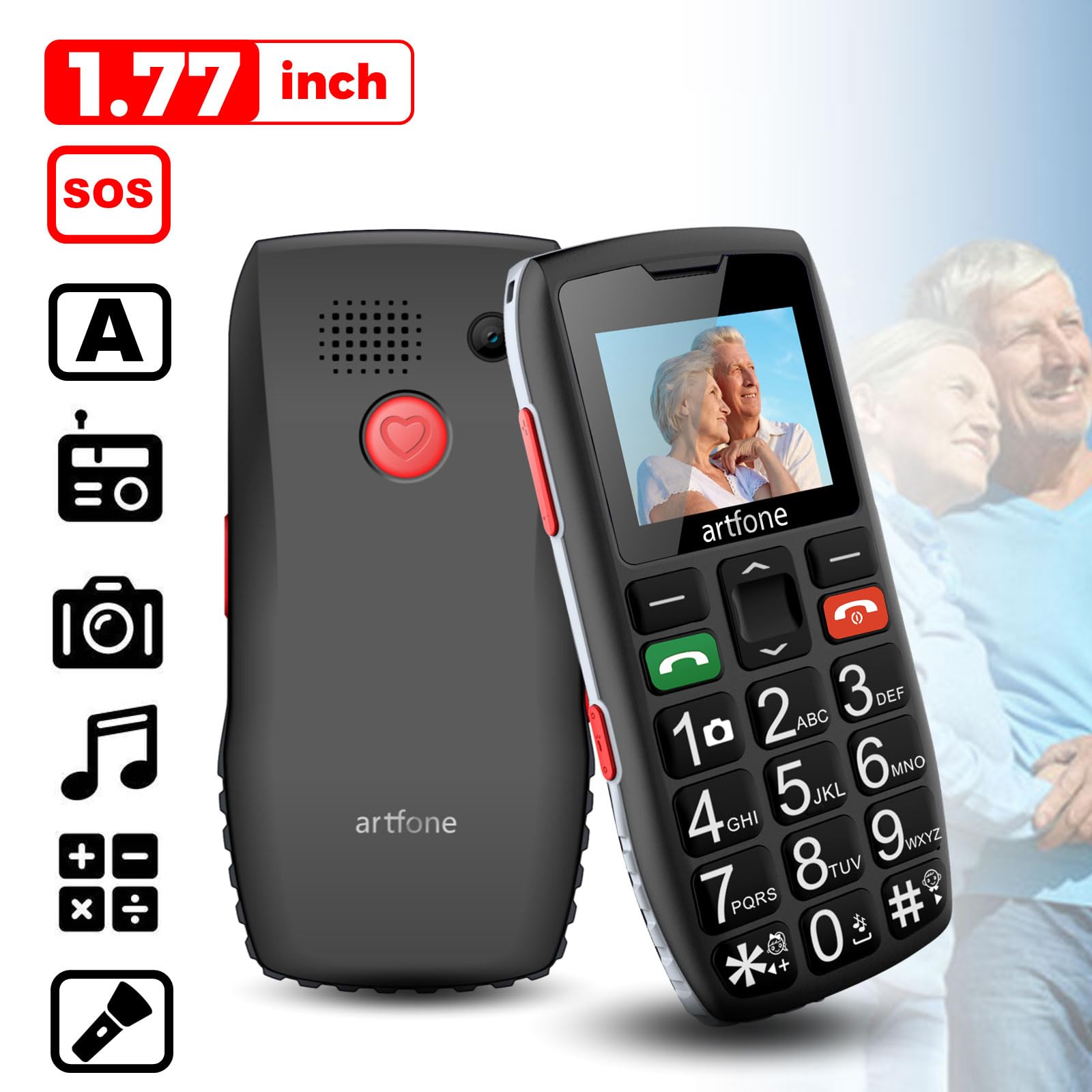 artfone C1Telefono Cellulare per Anziani con Tasti Grandi, GSM Senior Telefoni per Persone Anziane, Funzione SOS, Volume Alto, 1800mAh, Dual SIM, Fotocamera, Torcia Elettrica,Nero