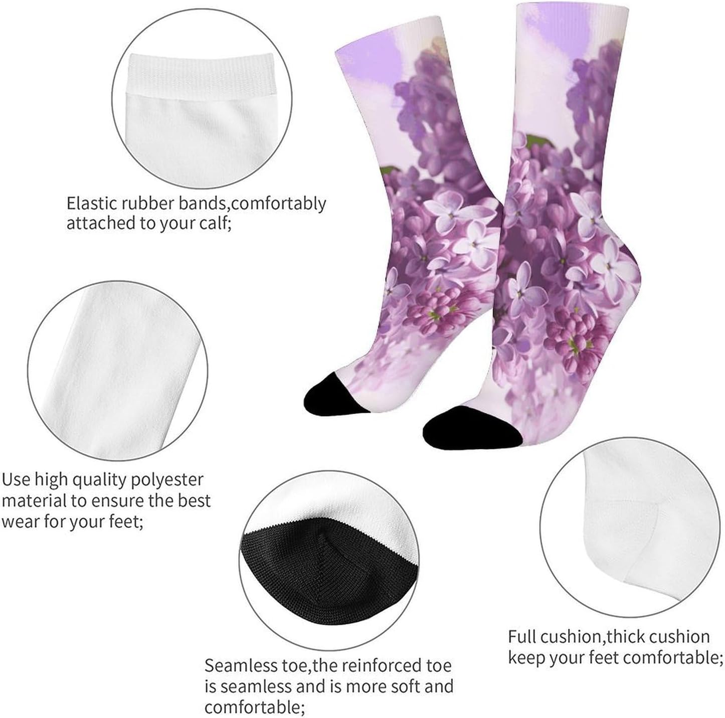 Breathable Sports Socks, Moisture Wicking, Lightweight Crew Socks | Lilac Flowers Athletic Calf Socks for Women Men, Casual, Anti-Slip, Multifunctional Work Socks