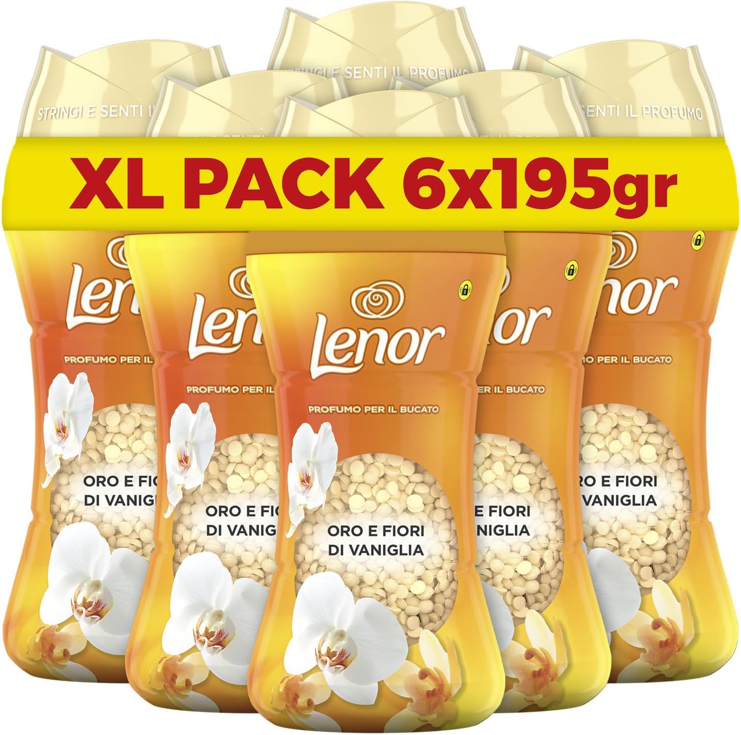 Lenor Wäscheduft mit Duftperlen in der Waschmaschine, Gold und Vanilleblüten, Maxi-Format 6 x 195 g, Duftverstärker