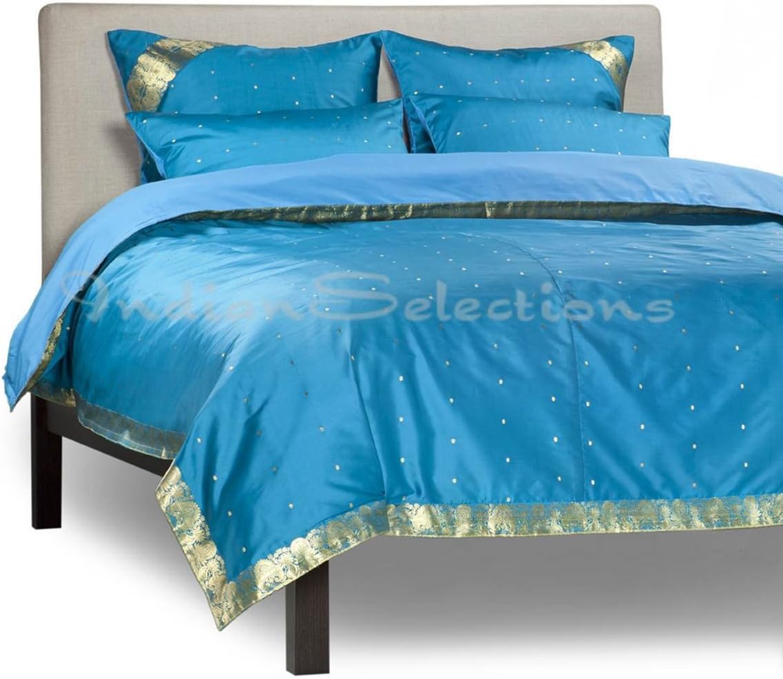 Indian Selections Turquoise - 5 Piece Handmade Sari Duvet Cover Set with Pillow Covers/Euro Sham - Full