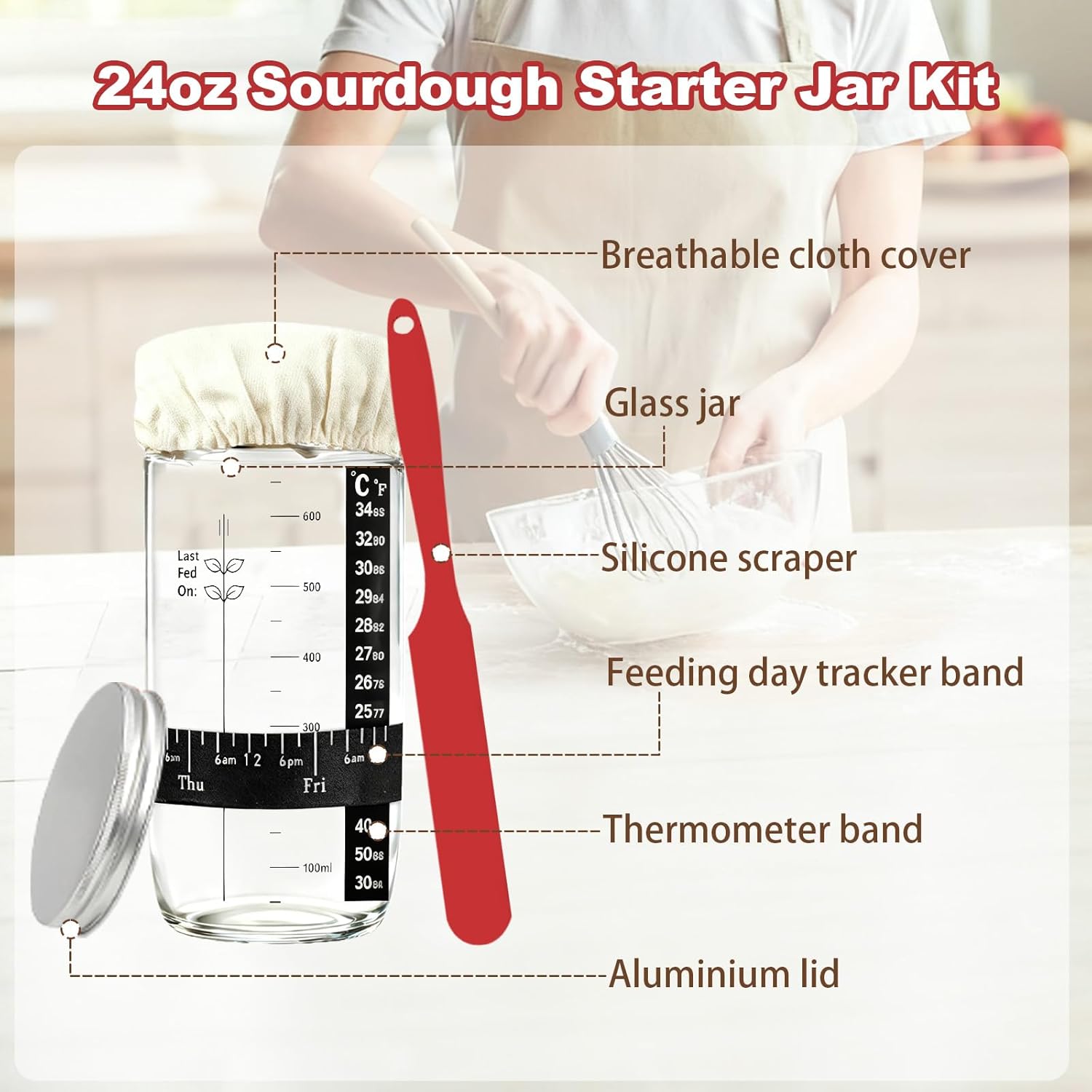 Sourdough Starter Kit with Scale, Glass Jar and Banneton Bread Proofing Basket - Complete Sourdough Bread Baking Supplies, Sour Dough Making Essentials Tools, Gift for Bakers Beiginner Women Wife Mom - Image 4