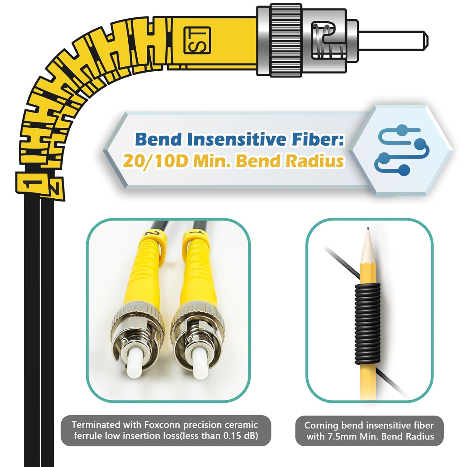 330ft / 100m Armored OD-5mm OS2 ST to ST Single Mode Fiber Cable, ST-ST Fiber Optic Patch Cord, Duplex 9/125um SMF Optical Jumper, Black