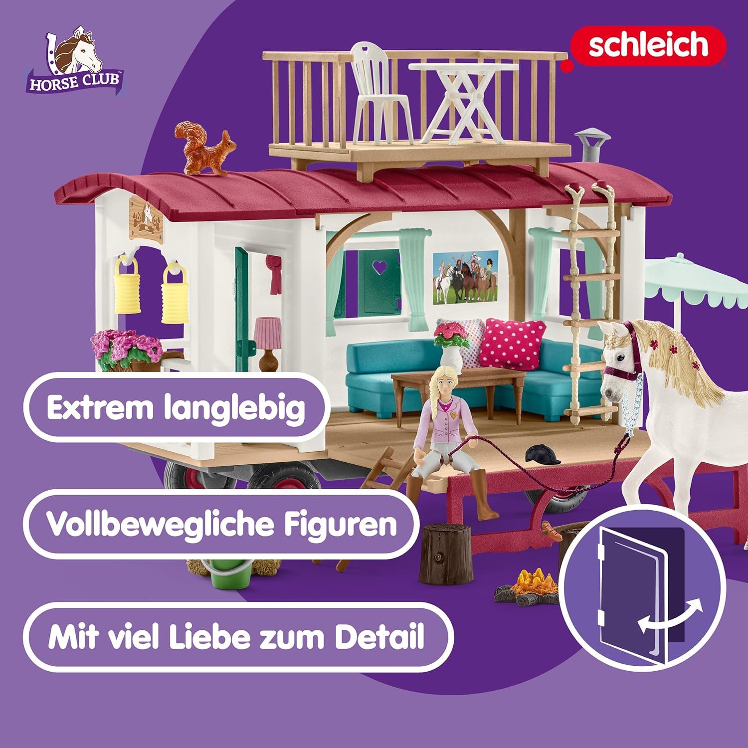 Schleich Horse Club | Wohnwagen für geheime Club-Treffen 42593 | Set mit Figuren, vielen Funktionen und zahlreichem Zubehör | Geschenk für Mädchen und Jungen | Spielset ab 6 Jahren | 95 Teile