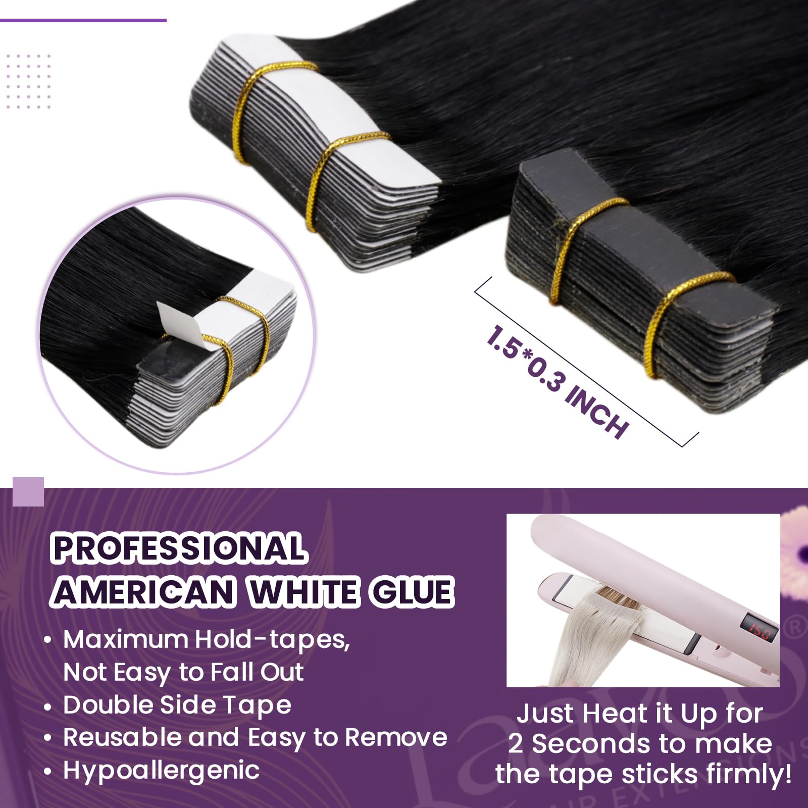 LaaVoo Black Tape in Hair Extensions Human Hair Tape Hair Extensions Real Human Hair Invisible Tapes Remy Straight Nautral Black Hair Double Sided Tabs 20pcs 30g 12 Inch #1 - Image 3