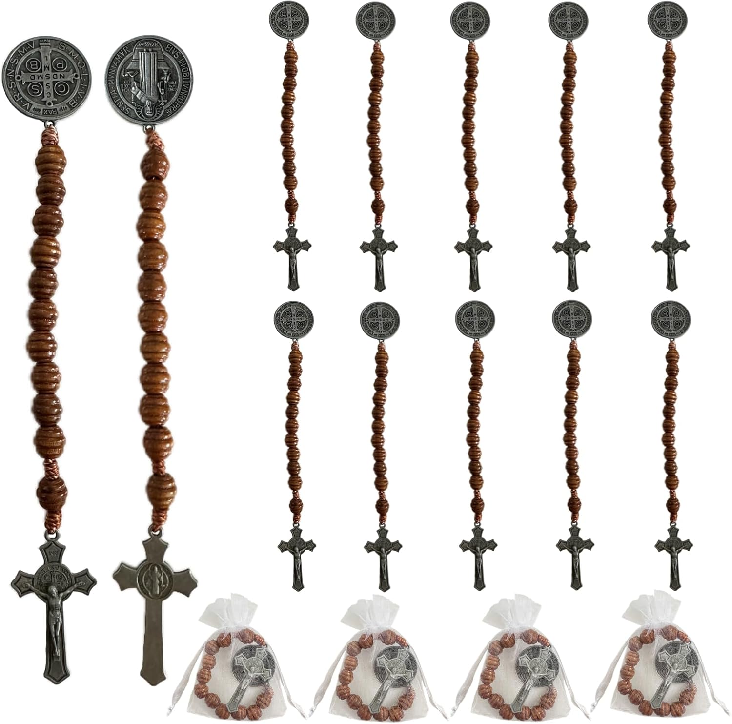 Bovemee Saint Benedict Medal Prayer Pocket Rosary Catholic Brown Wood Beads with Medalla de san benitol and Crucifix, 9 Inch