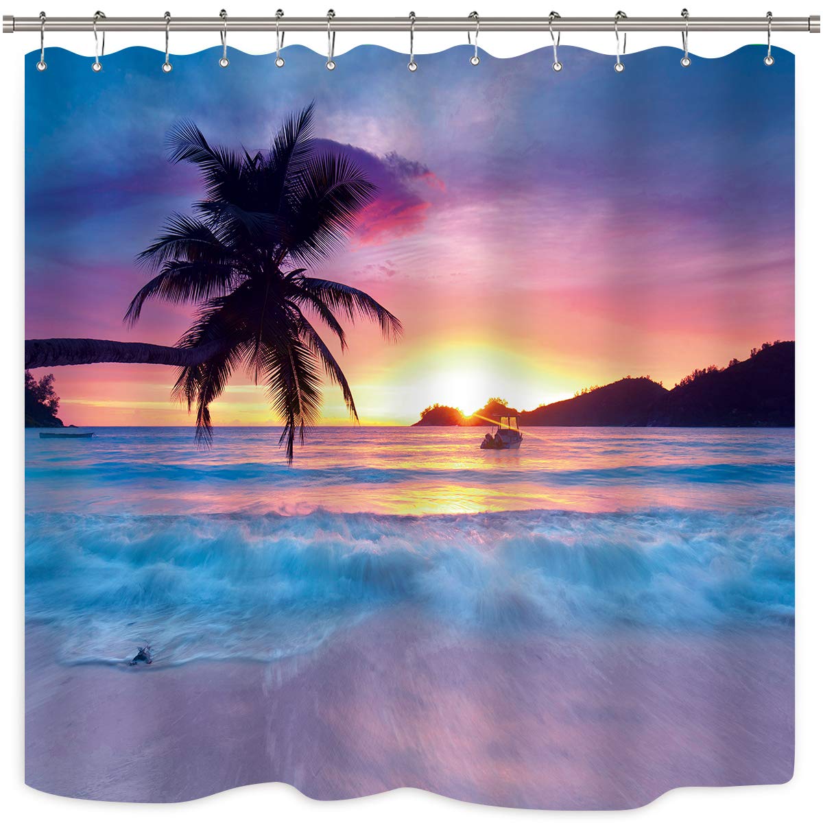 RiyidecorBeach Sunset Shower Curtain Ocean Sunrise Tropical Palm Tree Hawaiian Costal Scenery Sea Waves Summer Bathroom Home Decor Set Waterproof Polyester 72WX72H Inch 12 Pack Plastic Hooks WW-IHTB
