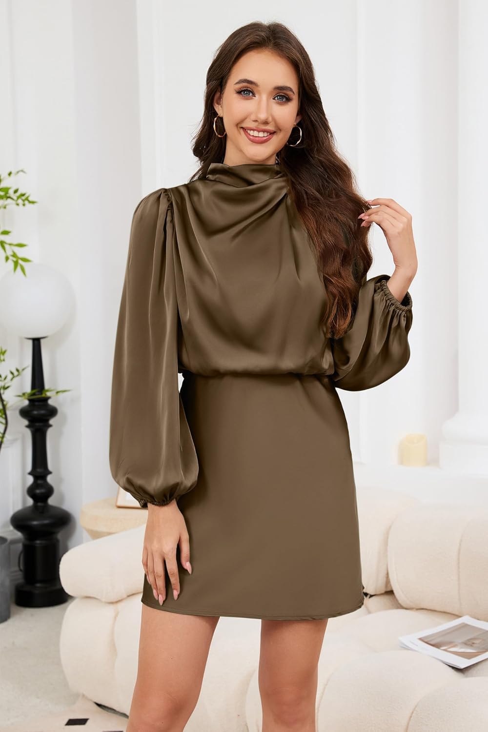 Cocktail Dresses for Women Long Sleeve Satin Short Formal Dress Elegant Mock Neck Silk Wedding Party Mini Dresses - Image 2