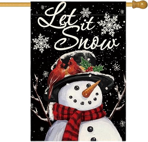 AVOIN colorlife Let It Snow - Bandera de Navidad con diseño de muñeco de nieve, copo de nieve, 28 x 40 pulgadas, de doble cara, color negro, para