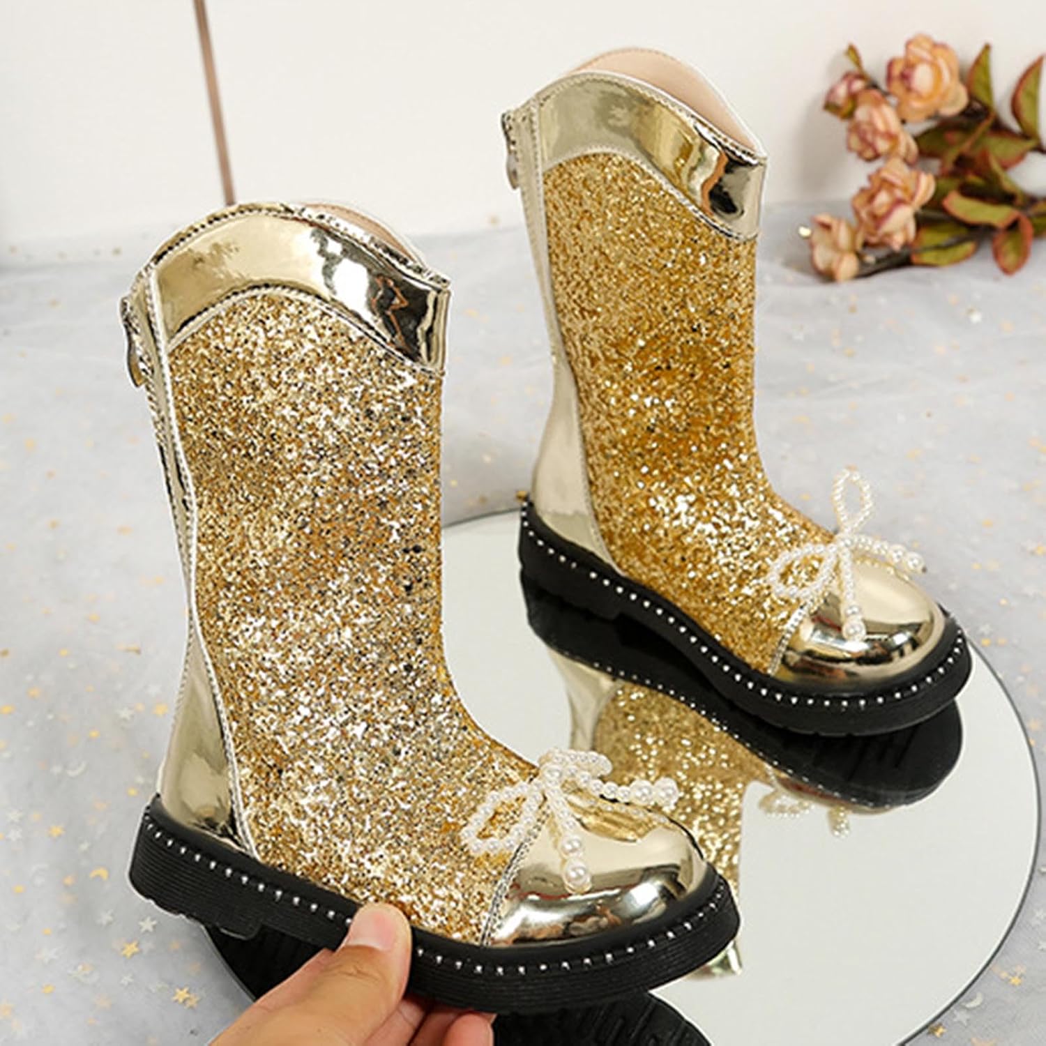 Girls Glitter Mid Calf Boot Catwalk Fashion Wide Boots with Side Zip Cute Bow Comfy Boots for Little Kid Big Kids