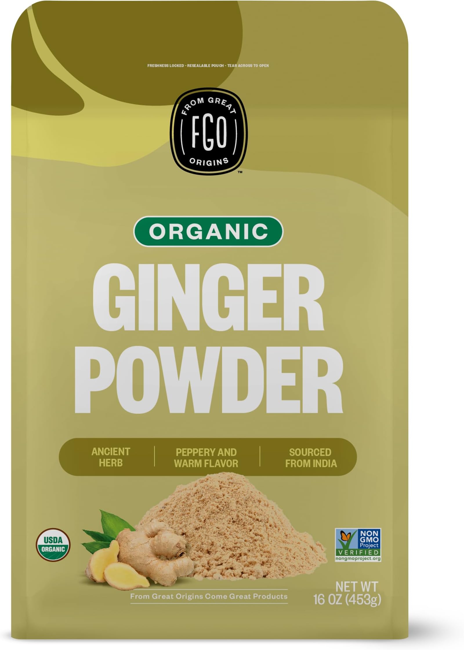 FGO Organic Ginger Powder 16oz/453g (1lb) Resealable Kraft Bag