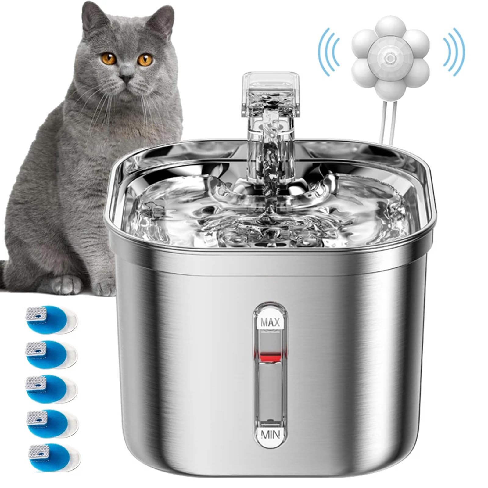 2.2L Fuente para Gatos De Acero Inoxidable, Bebedero Gatos Automática con Bomba Silenciosa, Sensor Automático, Fuente De Agua para Gatos, Diseño del Grifo, Multi-Filtración