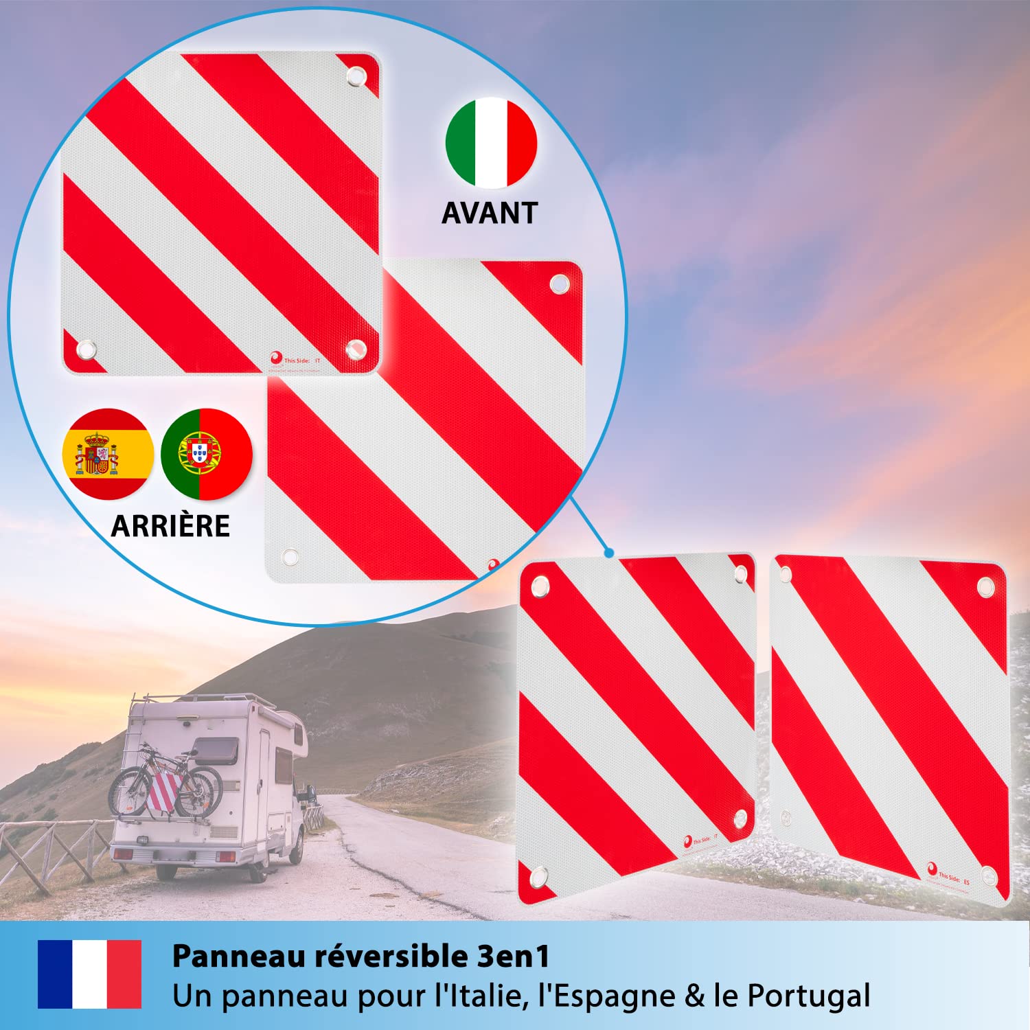 Panneau Réfléchissant 2 En 1 Italie/Espagne 50x50 Cm - Pour Porte-vélos Et Charges Qui Débordent à L'arrière, Obligatoire