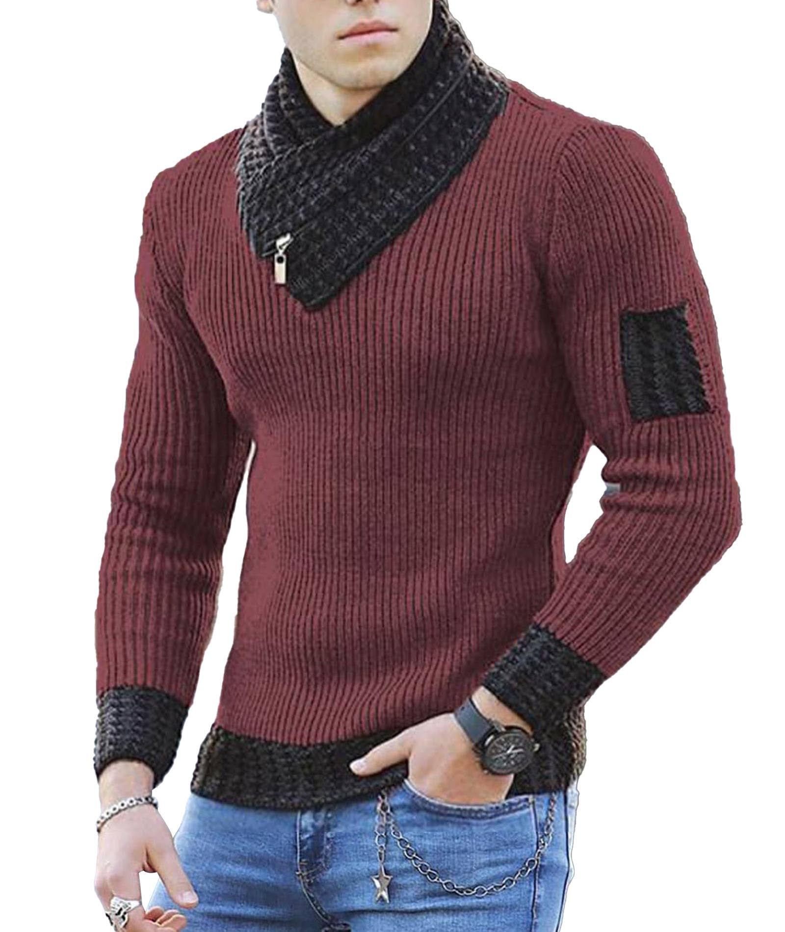 SOMTHRON Maglione da uomo lavorato a maglia a collo alto con collo a scialle slim fit a maniche lunghe invernale