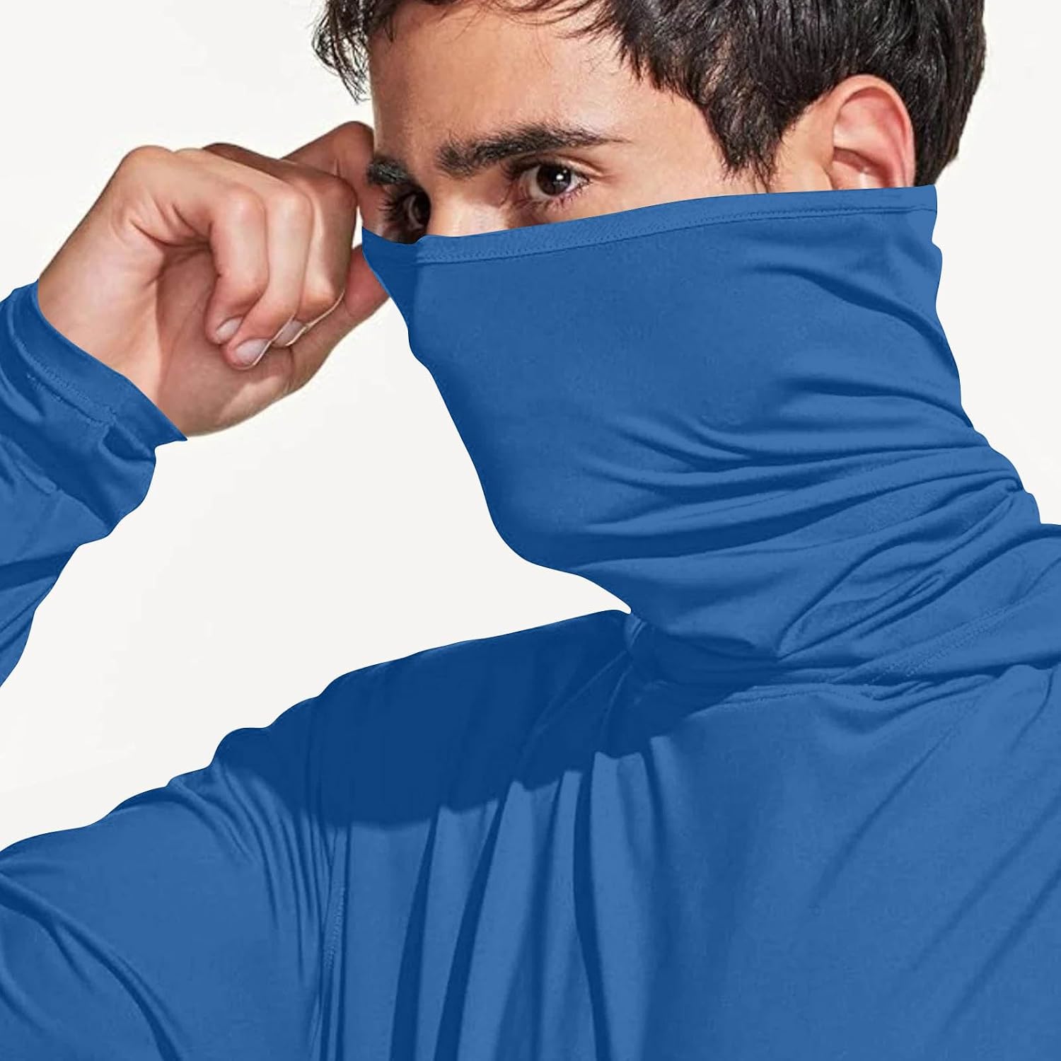Men's Long Sleeve Sun Protective Hooded Shirt with Hand Pocket Outdoor Hiking Travel Fishing Mask Jackets