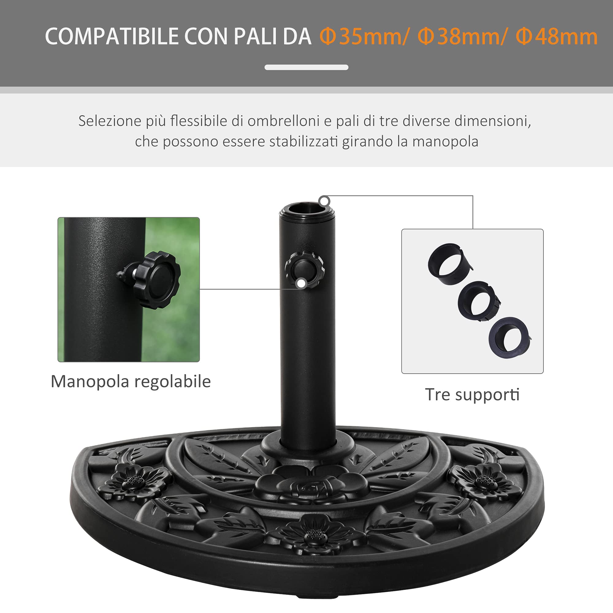 Outsunny Base per Ombrellone Semicircolare con Palo da 35/38/48 mm e Motivi Floreali, Basamento per Ombrellone in Cemento, HDPE e Metallo, Ø50x32x32 cm, Nero
