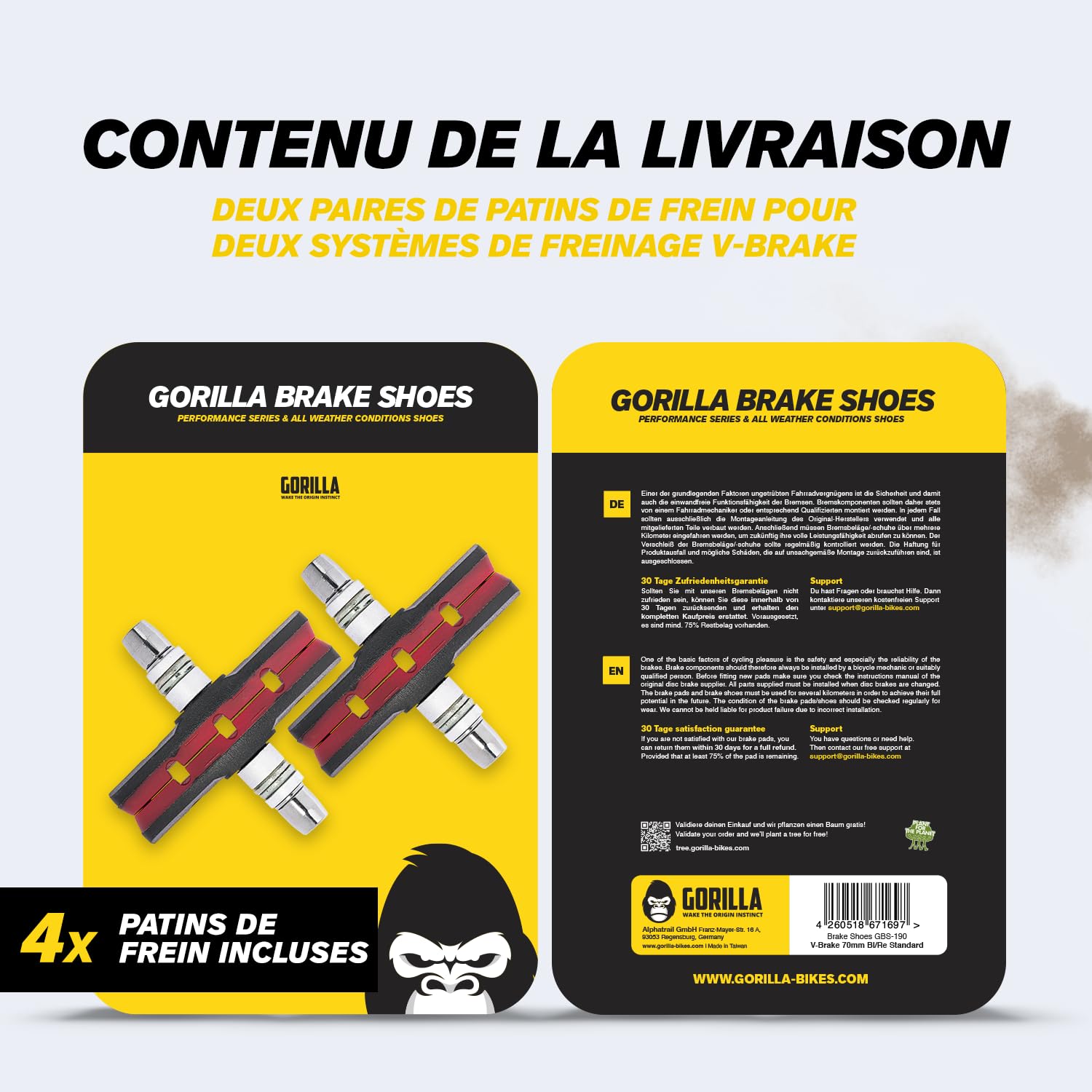 Patins De Frein V-Brake Alphatrail - 2 Paires 72mm | Freinage Optimal Sur Mouillé | Compatible Shimano, SRAM