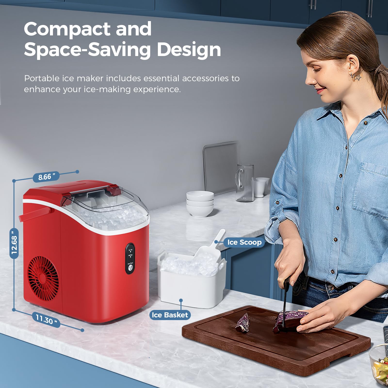 Nugget Ice Maker Countertop With Self-Cleaning Function, Sonic Ice Machine With Handle, Compact Design For Home Use(Red) on Fridge.com - View 5