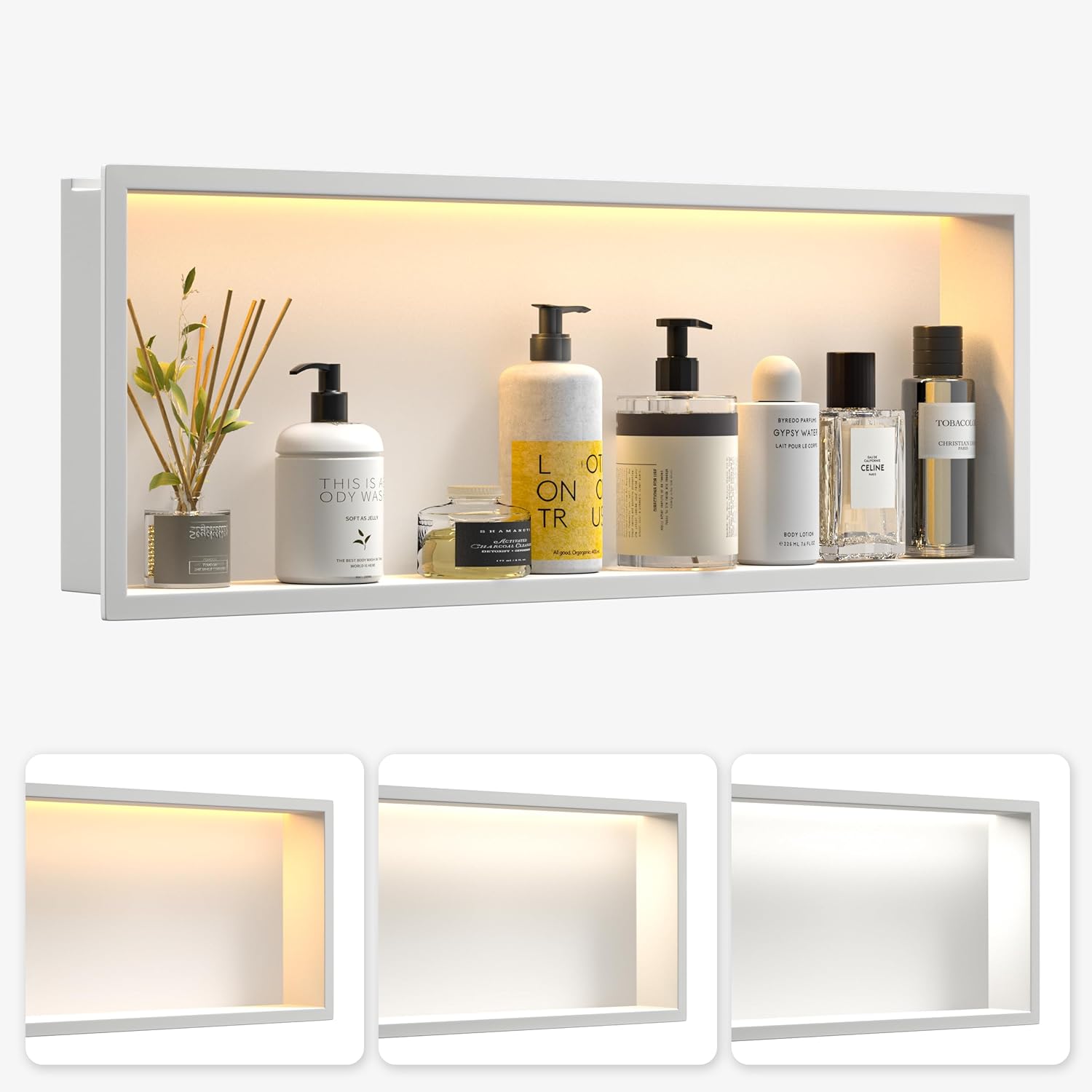 Led Shower Niche 36" X 12" White Recessed Stainless Steel Niche Shower for Bathroom Wall No Tile Needed Niches with Dimmable LED Lighting 3000K/4000K/6000K IP66 Waterproof