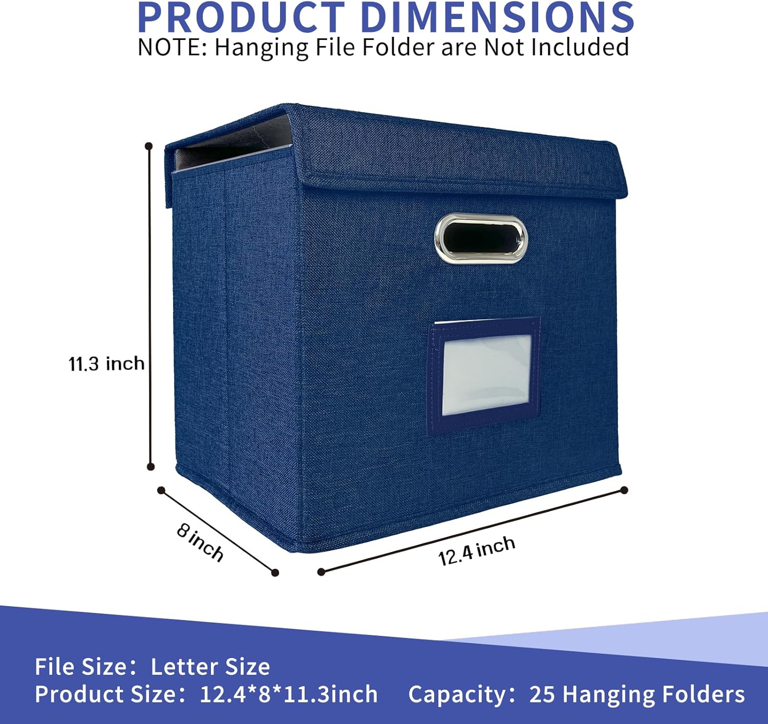 2 Pack Hanging File Folder Box with Lid, Durable Letter Size Filing Storage Box, Sturdy File Holder with Cardboard Support PVC Rails for Office Home Organizer, Blue