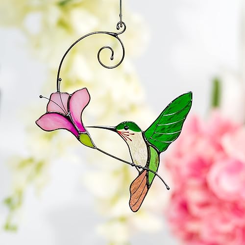 Multicolor Hummingbird Handmade Stained Glass Suncatcher Genuine Stained Glass Window Hangings Unique Indoor Ornament & Outdoor Decor (GREEN FLYING