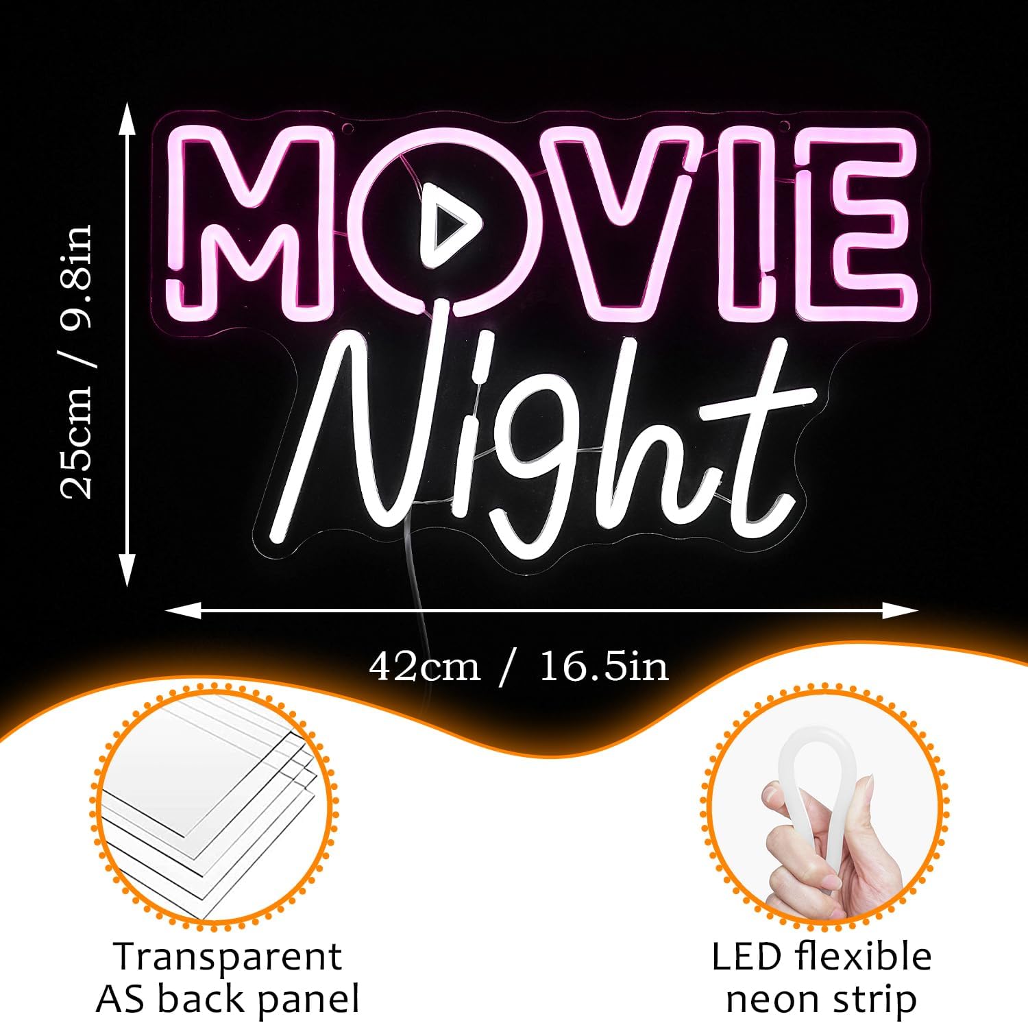 Movie Night Neon Sign LED Pink White Neon Light for Wall Decor Dimmable USB Cinema Led Neon Sign for Theater Film Room Party Decor Man Cave Boys Gift(16.5’’X9.8’’) - Image 4