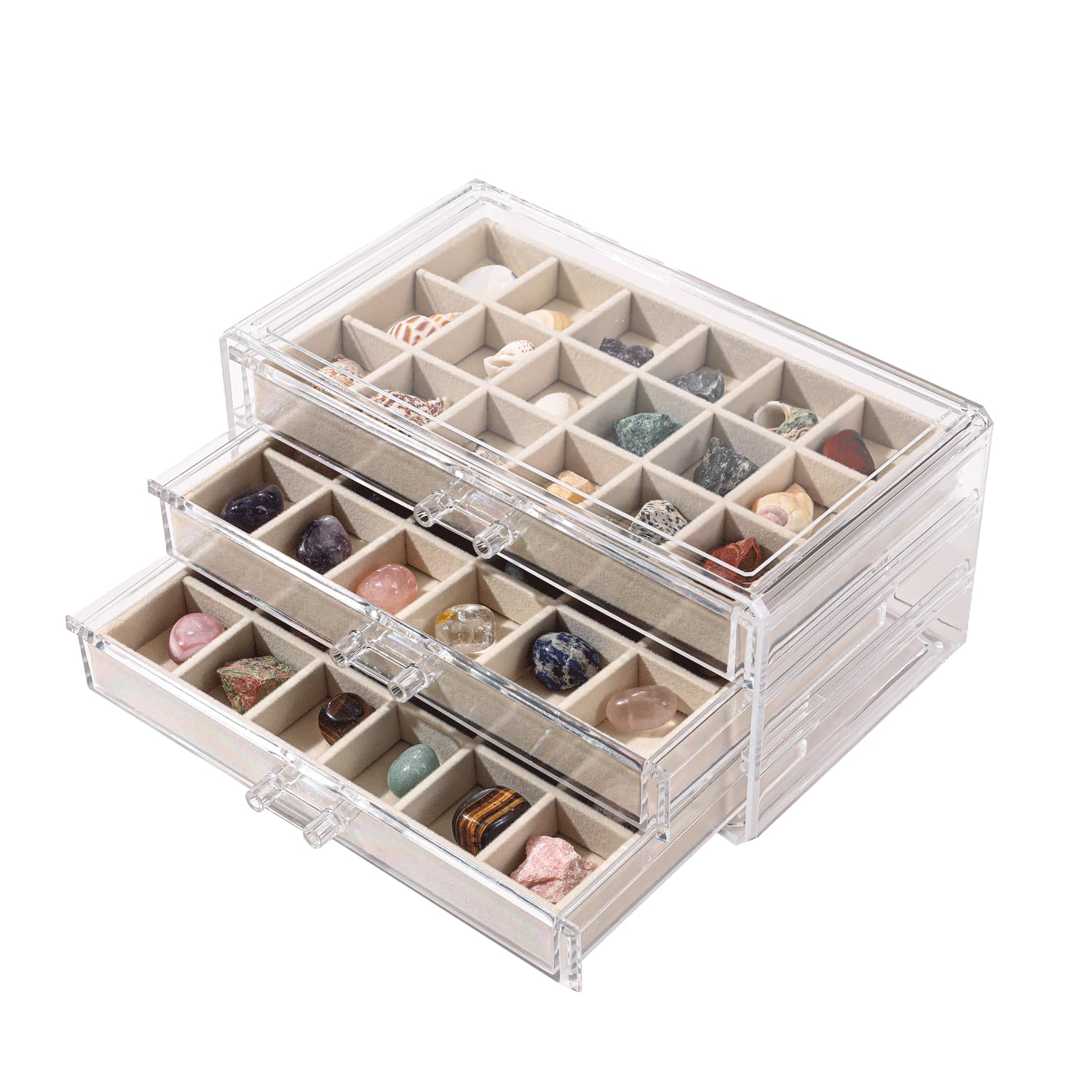 CLUQMEIK Acrylic Rock Collection Display Case with 54 Grids Storage Compartments Rock Collection Boxes Display Organizer Collection Storage Display Cases for Collectibles Crystal /Rock?Beige?